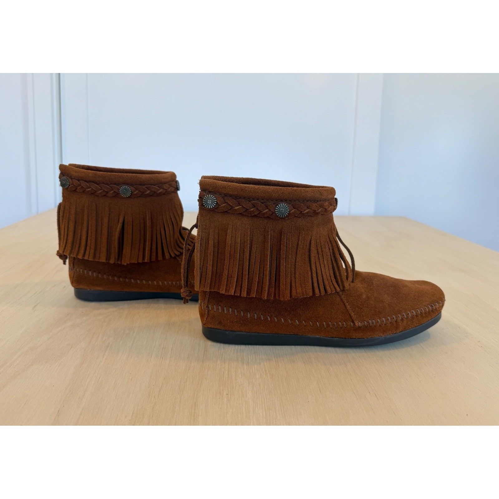 Minnetonka Fringe Suede Ankle Boots Brown Western Boho Festival Coastal Cowgirl9