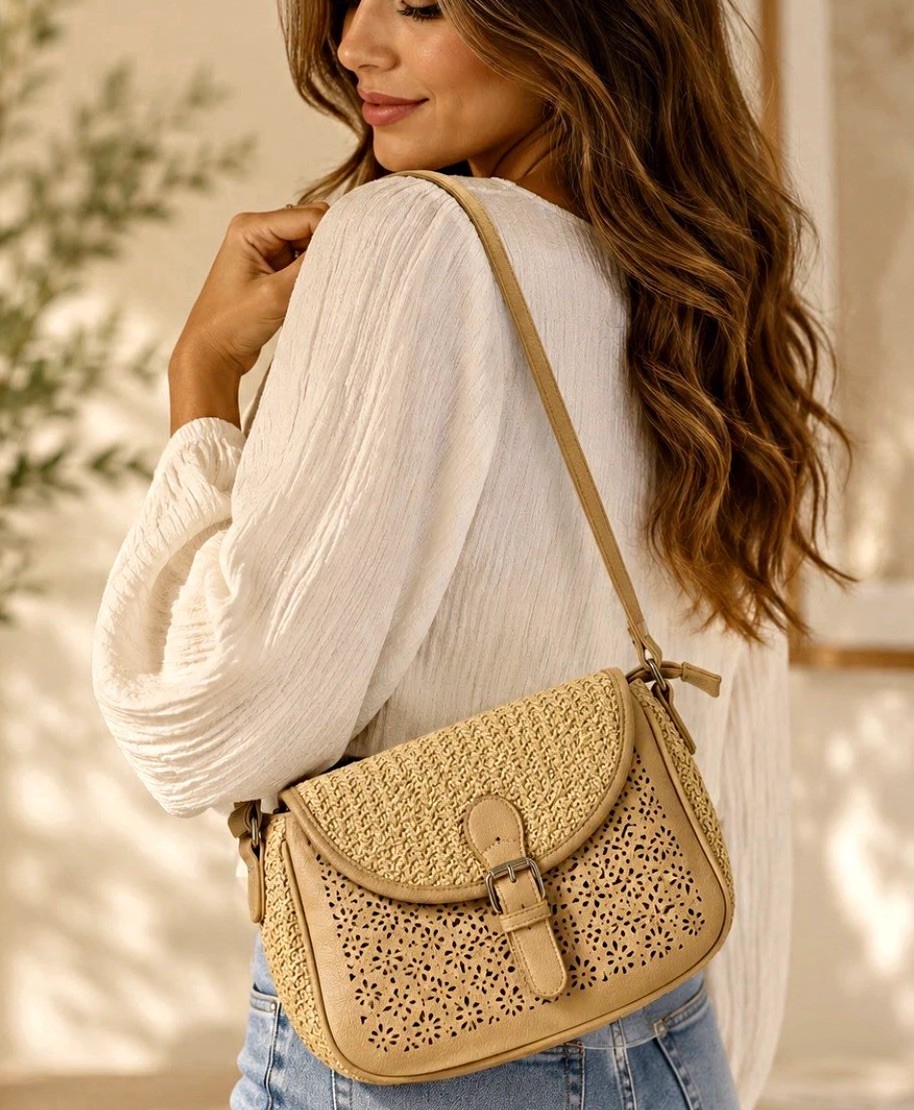 Jen & Co Beige Woven Crossbody Bag Boho Faux Leather Adjustable Strap