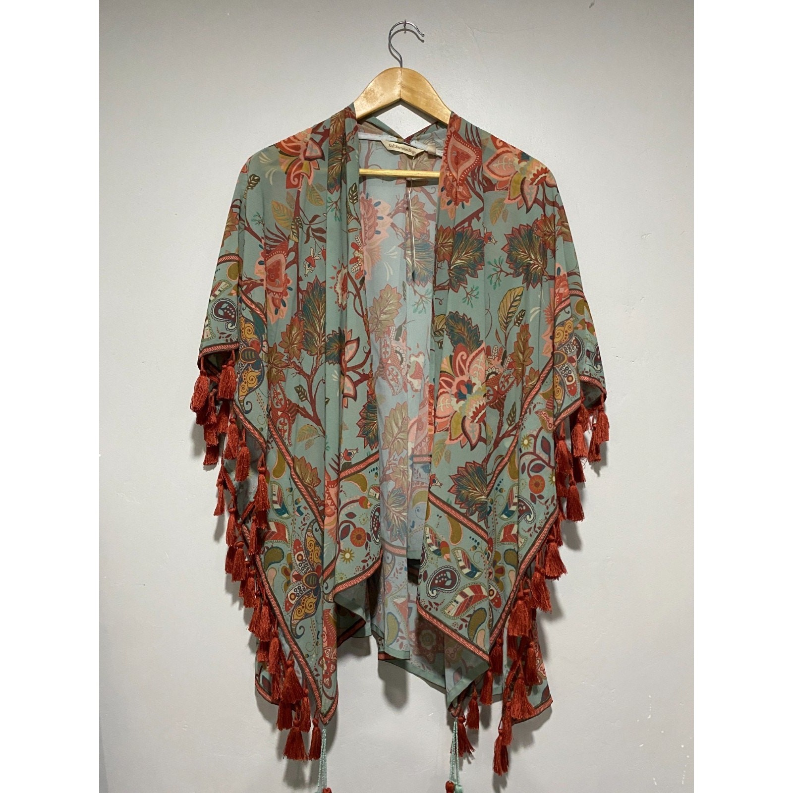 Soft Surroundings Kimono Womens S/M Blue Multi Esme Topper Tassel Boho Floral