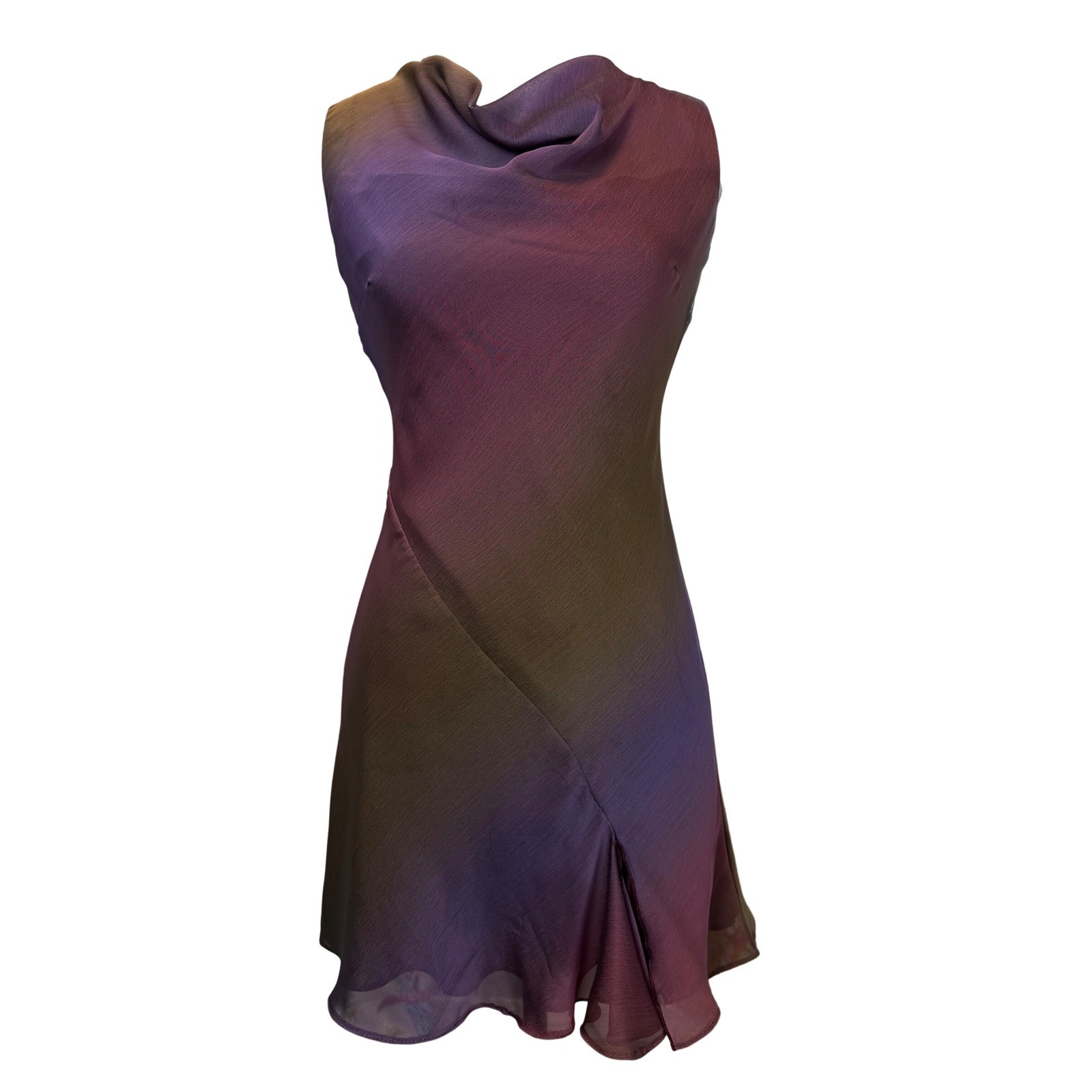 VTG Allen Schwartz Sz 2 Rainbow Ombre Cowl Neck Mini Dress Purple Green Y2K 90’s