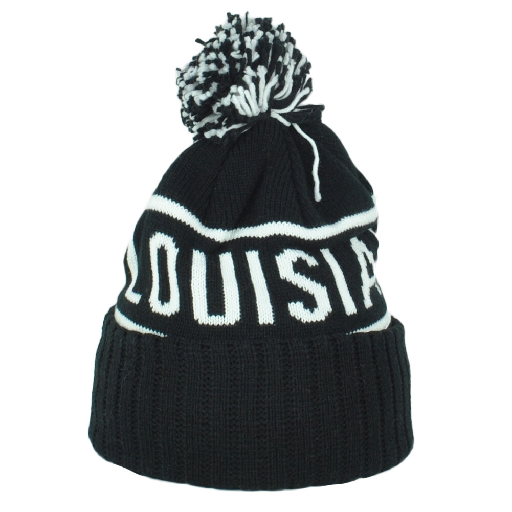 Top Level Lousiana State USA Adult Black Pom Pom Cuffed Knit Beanie Hat Winter