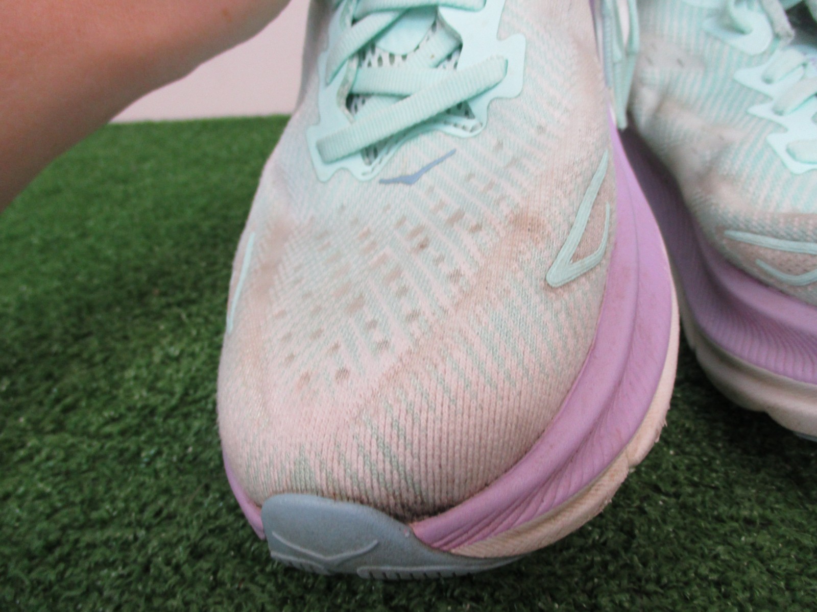 Hoka Clifton 9 Shoes Womens 9.5 Green Purple White Track Road Running Cushion *