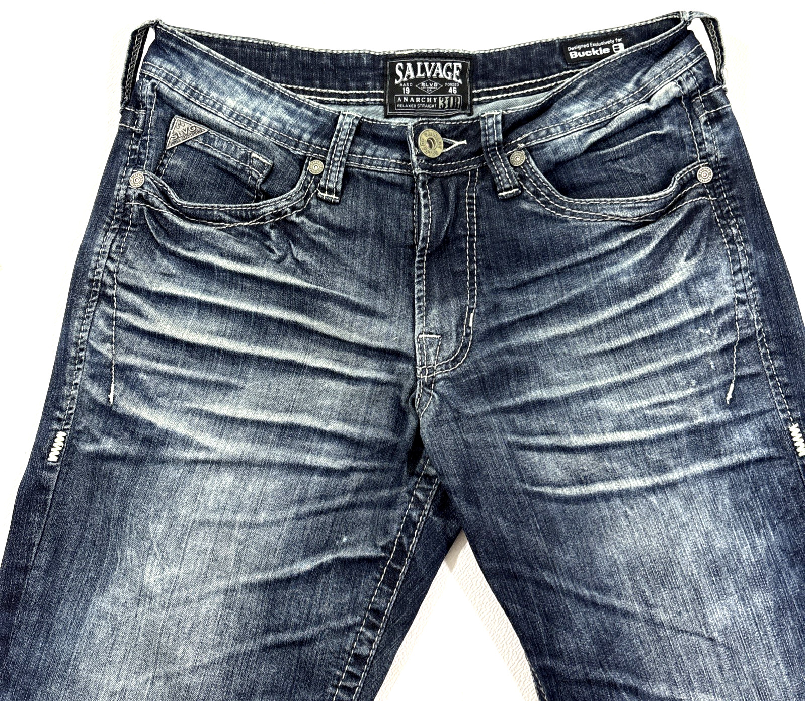 Salvage Denim Anarchy Jeans Mens 31R 32×32 Relaxed Straight Buckle Blue EUC