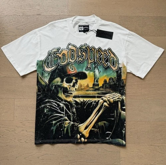 NEW Mens Godspeed Skeleton print Short Sleeve Tee Street Rock Style T-Shirt