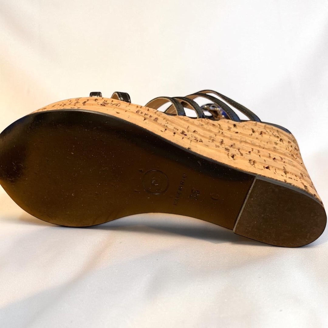 CHANEL CC Logo Coco Mark Patent Leather Strappy Cork Wedge Sandals US 5