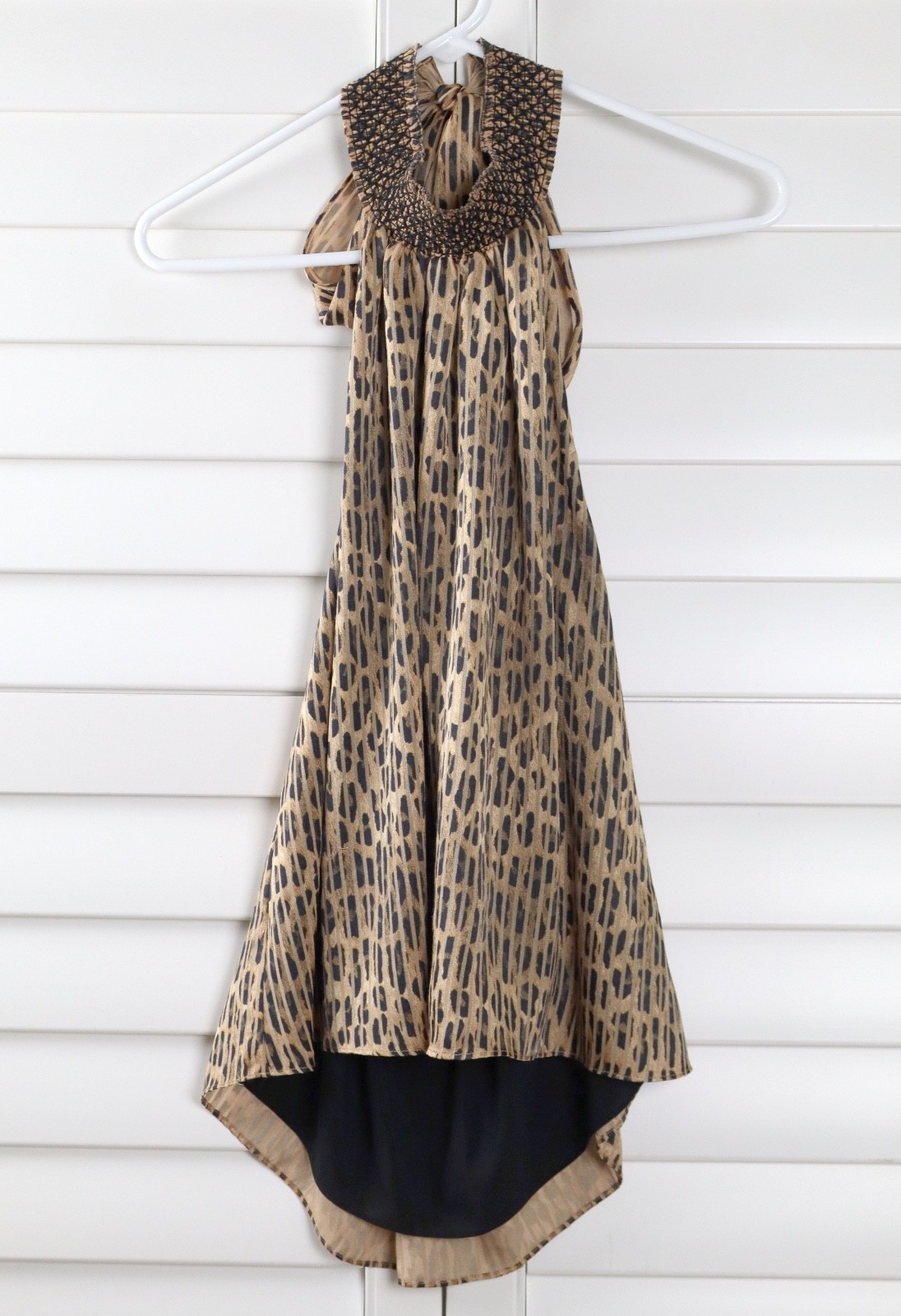 ALICE + OLIVIA $250 Almira Leopard Print Smocked Tie Neck Halter Top Size Small