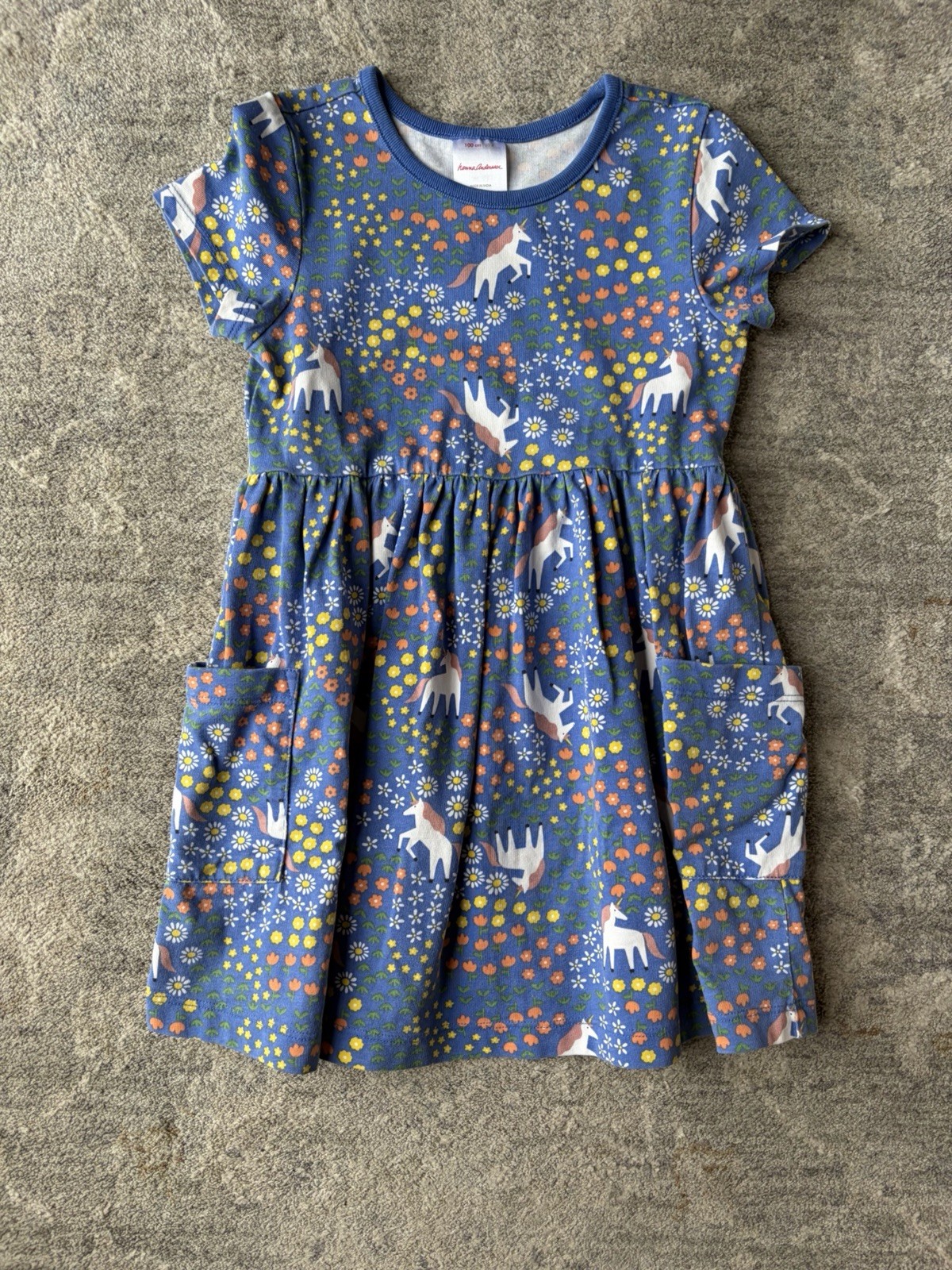 Hanna Andersson Unicorn Horse Dress Size 4 Girl Blue Floral Short Sleeve