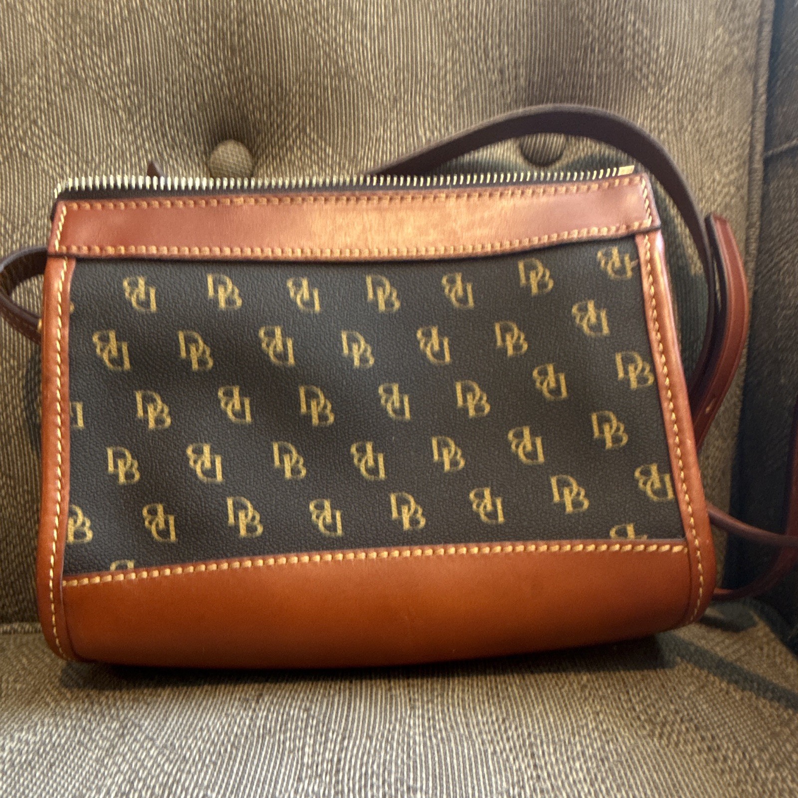 Dooney & Bourke Brown Logo Zip Crossbody, Gold Hardware, Adjustable Strap