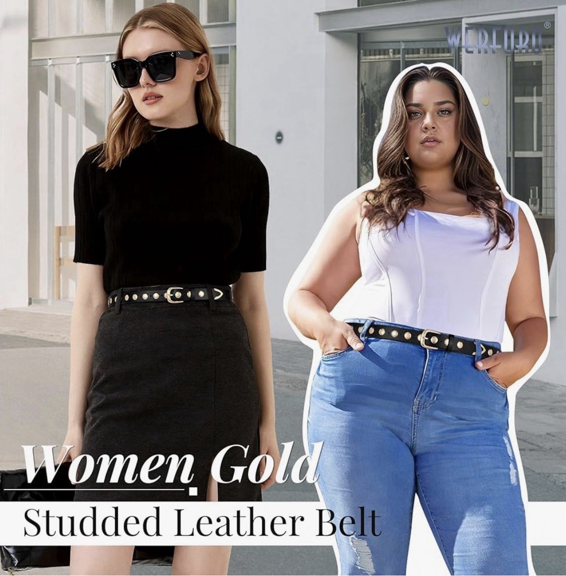 WERFORU Women Fashion Leather Belt Studded Leather Belt 37”-41” Waist | Black