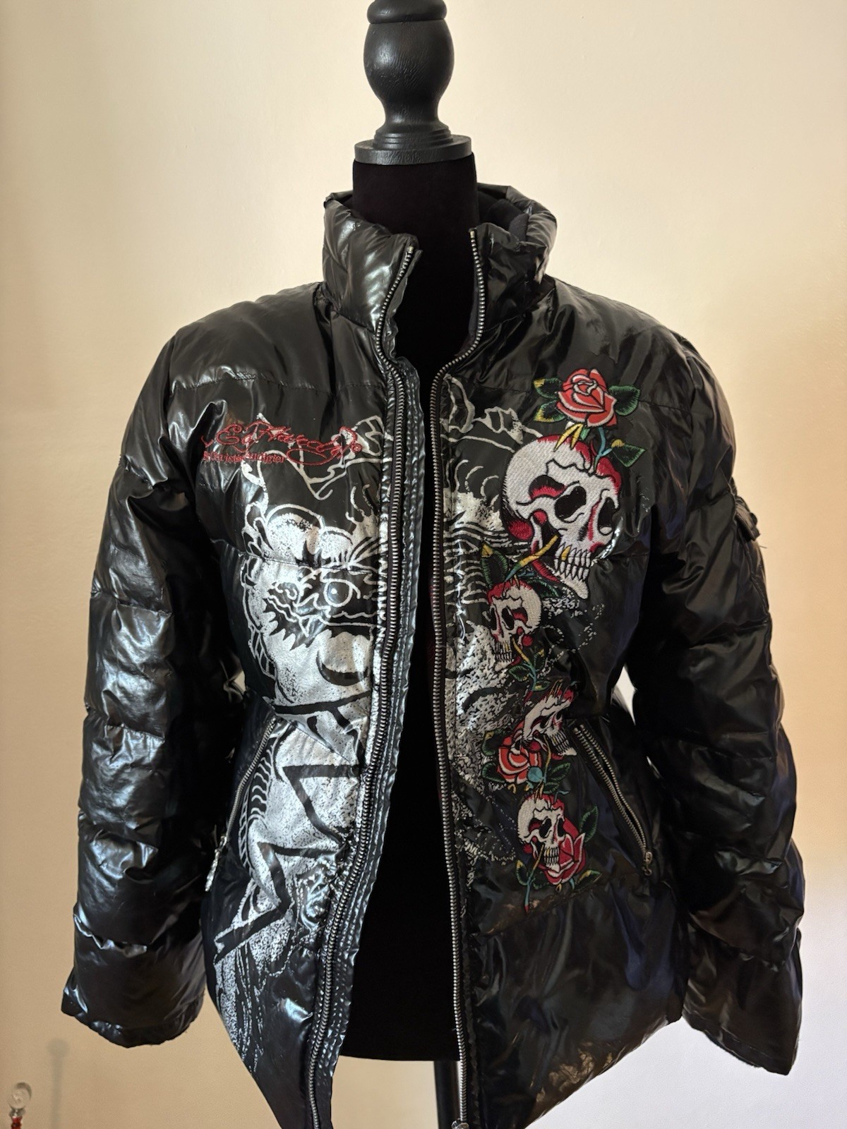 Ed Hardy Womens S Black Puffer Jacket Full Zip Quilted Skull Rose Graphic