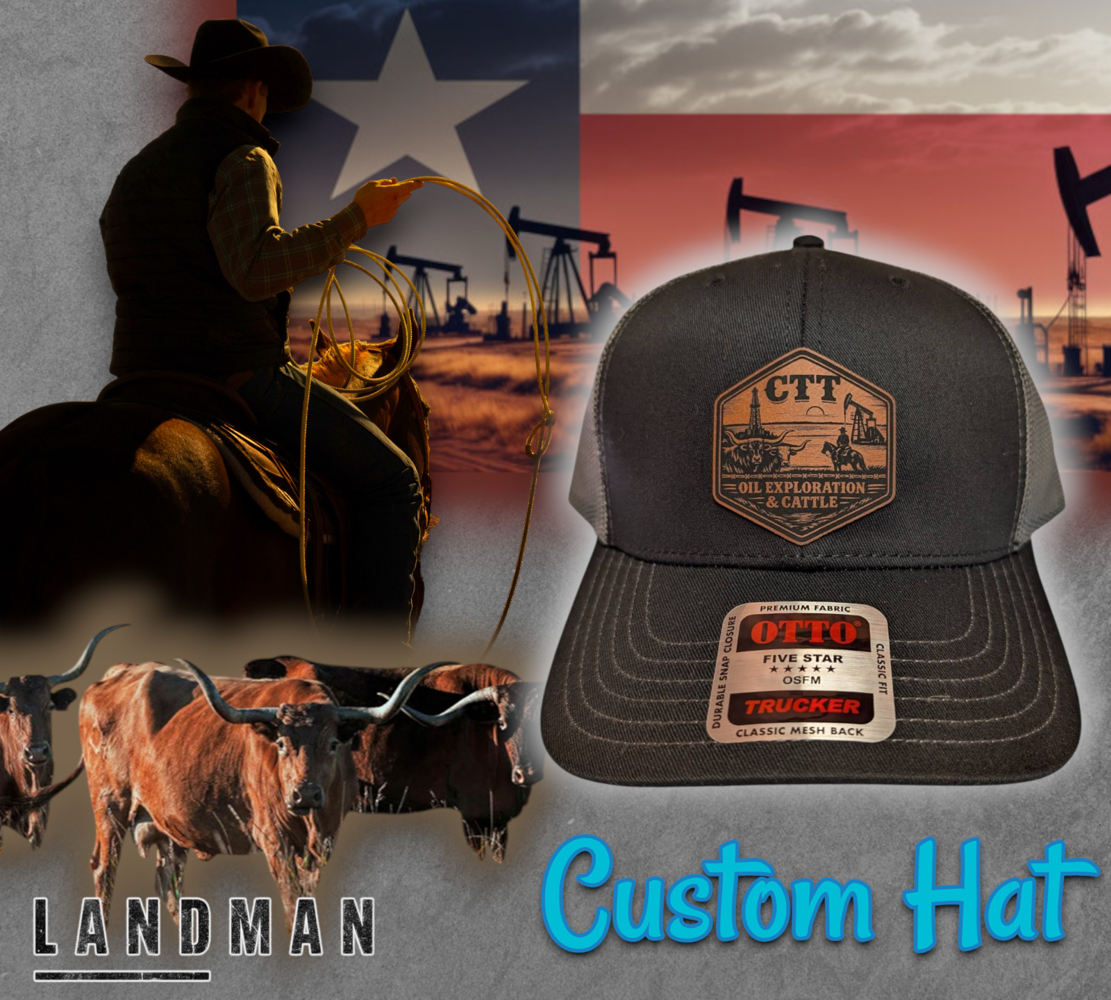 Custom Hat Trucker Baseball Cap Leather Patch CTT Oil Exploration & Cattle Texas
