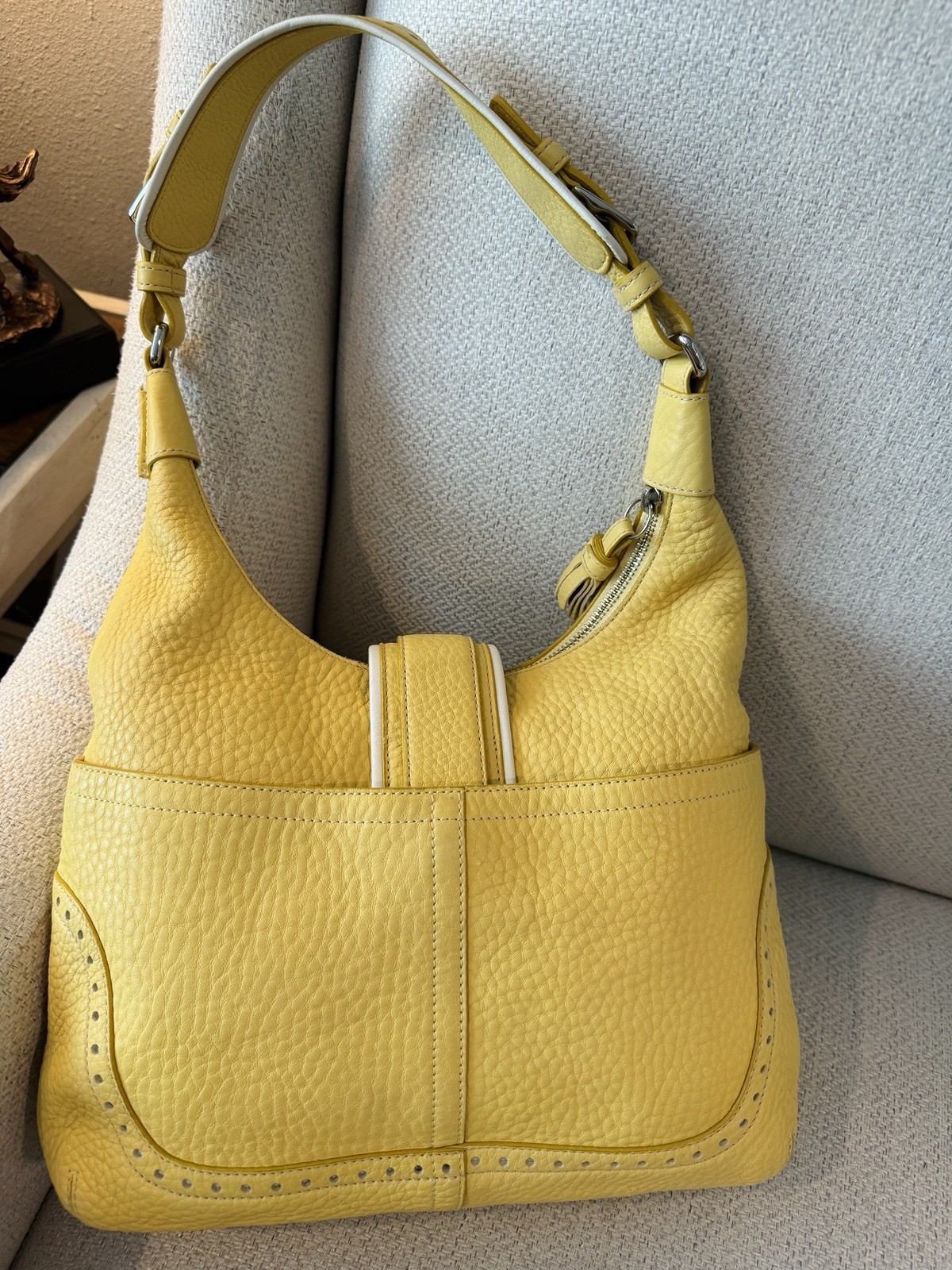 Coach Yellow Pebbled Shoulder Bag Zip Top, Silver Hardware, Buckle Accent
