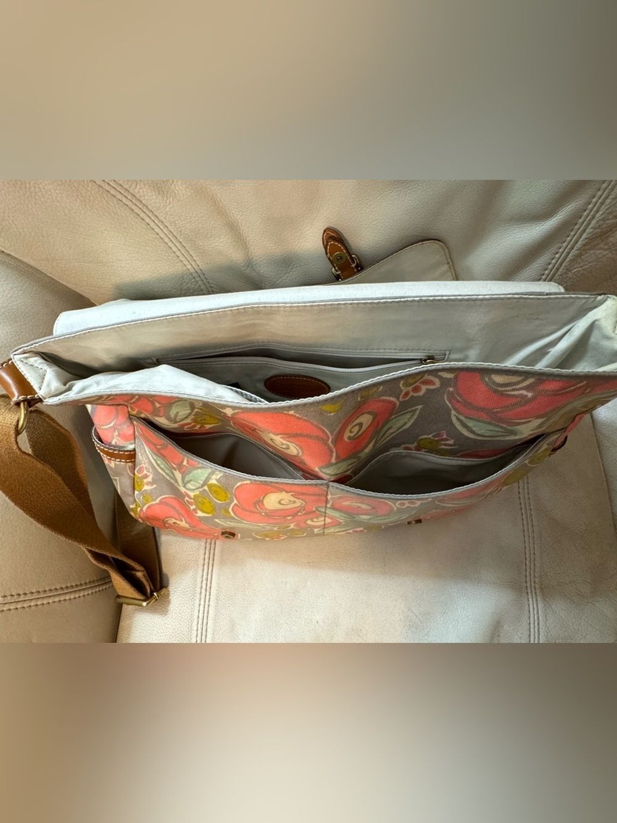 Fossil Messenger Bag Crossbody Coated Canvas Leather Trim Floral