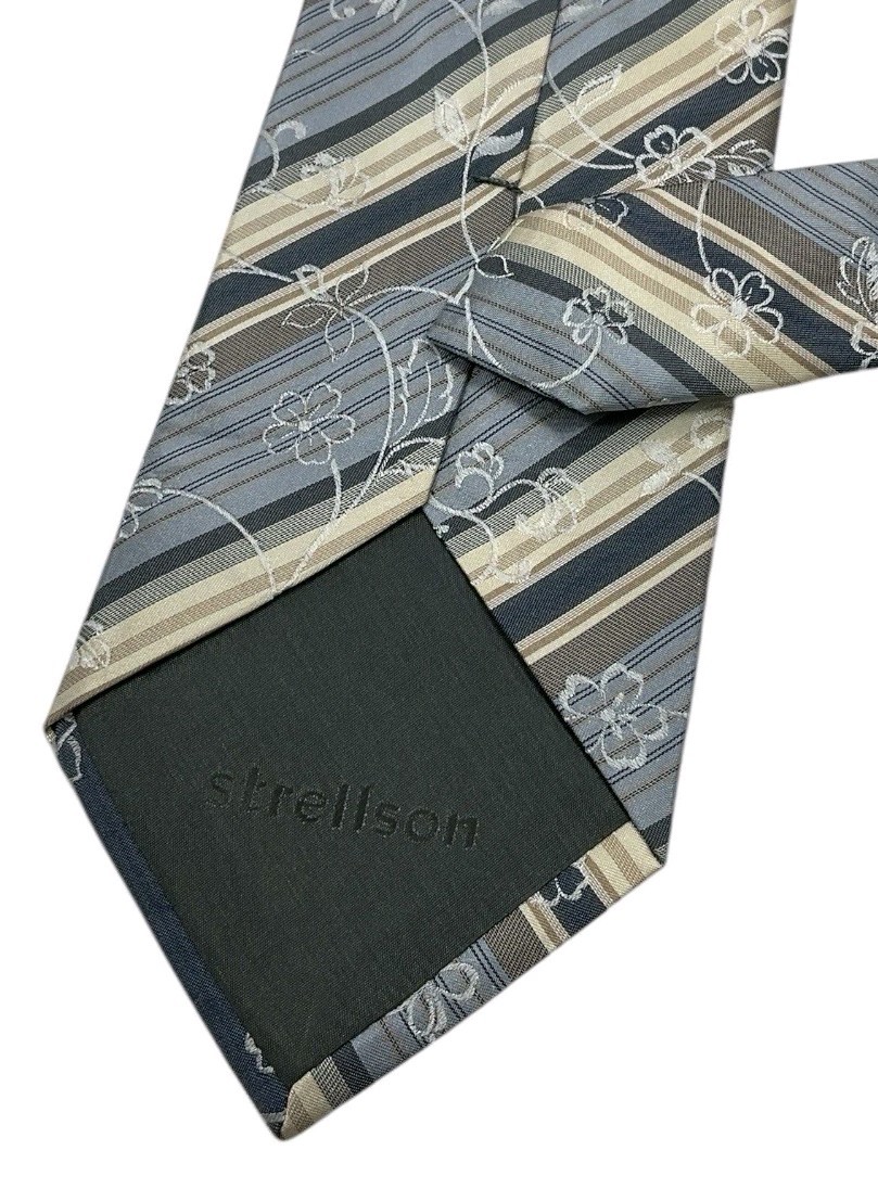 STRELLSON Men’s Silk Tie ITALY LUXURY Gray Beige Striped Floral W:3.7″ EUC