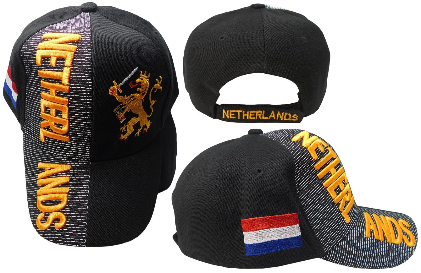 Holland Netherlands Country Letters Flag Black Hat Cap 3D embroidered