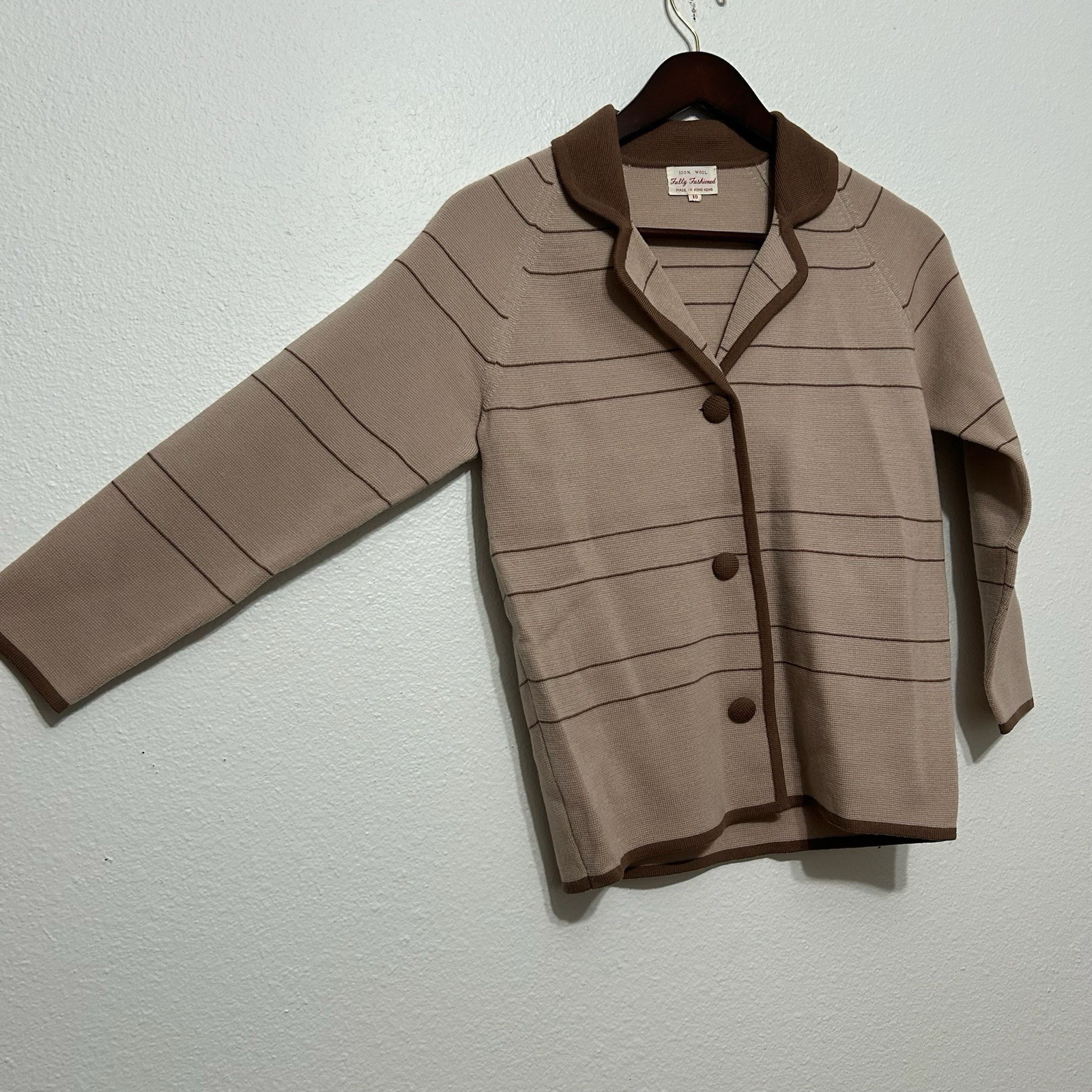 Fully Fashioned Tan & Brown 100% Wool Button Up Cardigan Womens Size 10