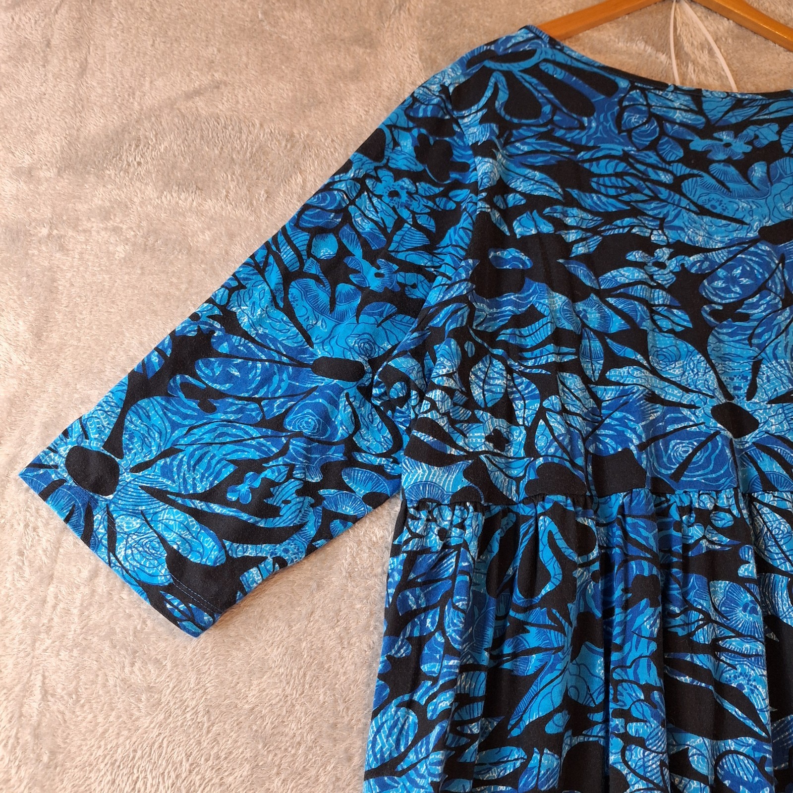 Ulla Popken Knit Dress Womens 24 26 Blue 3/4 Sleeve Floral Cotton Midi House