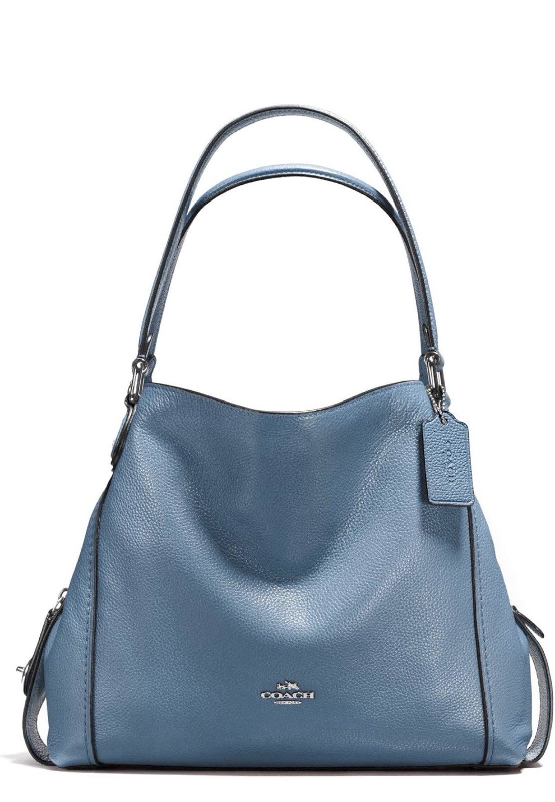 Coach Blue Pebbled Shoulder Bag Zip Center Turn Lock Pocket Charm Silver