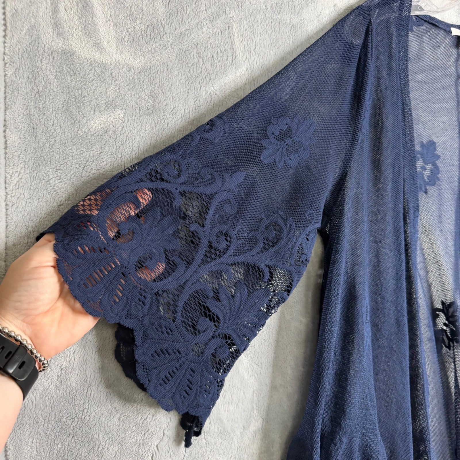 Maurices Lace Open Front Cardigan Womens M Navy Blue Boho Floral Micro Mesh