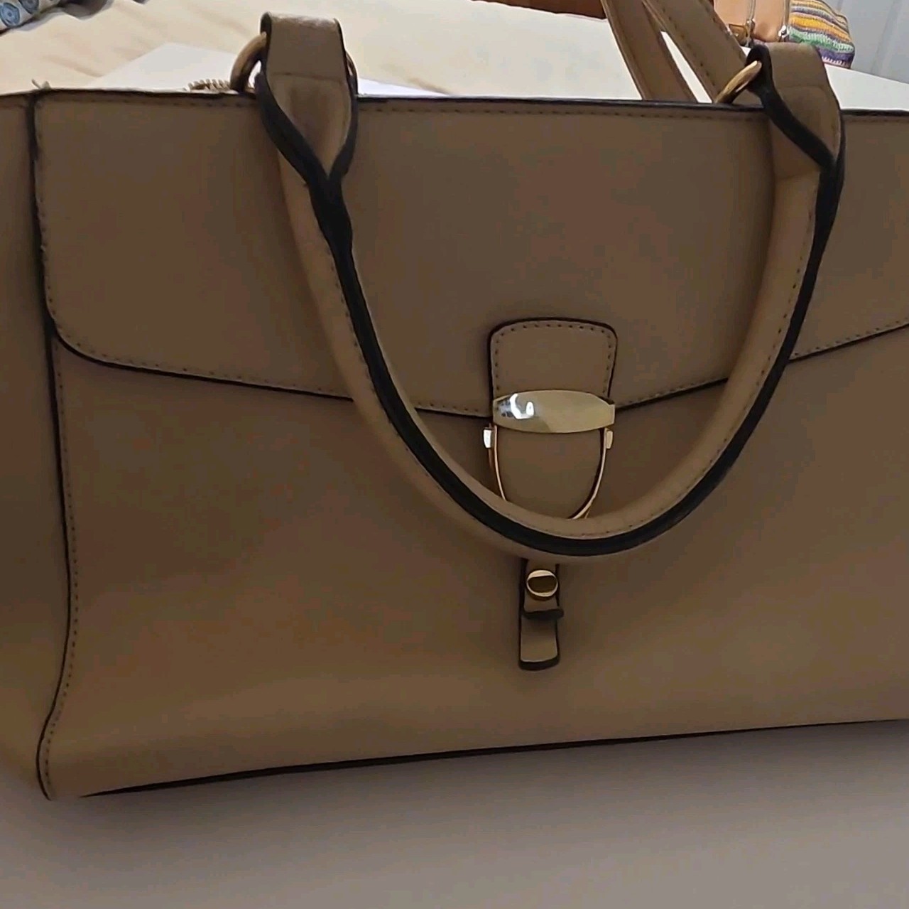 Beige Pebbled Satchel Top Handle Bag Double Handles Zip Turn Lock Strap