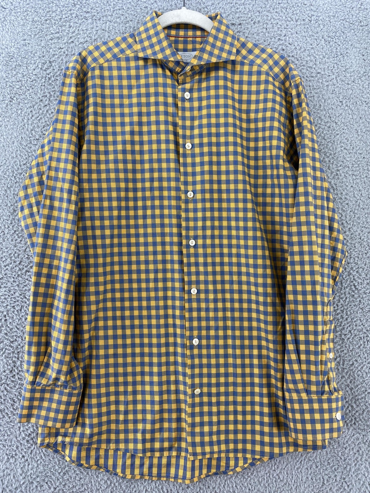 Eton Shirt Mens 16 41 Yellow Blue Gingham Slim Fit Dress 24.5 in Sleeve Cotton