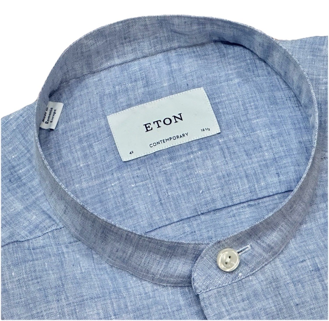 $285 NWT ETON DRESS SHIRT L 16.5 42 LINEN BAND COLLAR CHAMBRAY BLUE CONTEMPORARY