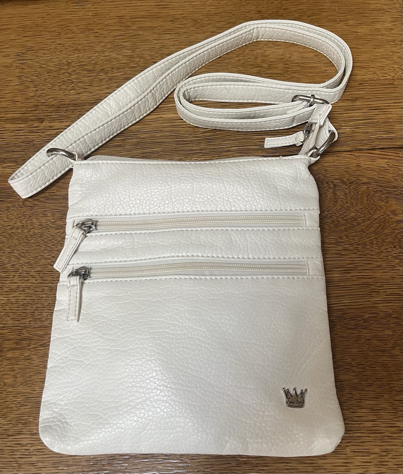 Purse King Crossover Shoulder Bag Ivory Double Strap Zipper 8.5”x8.75” EUC