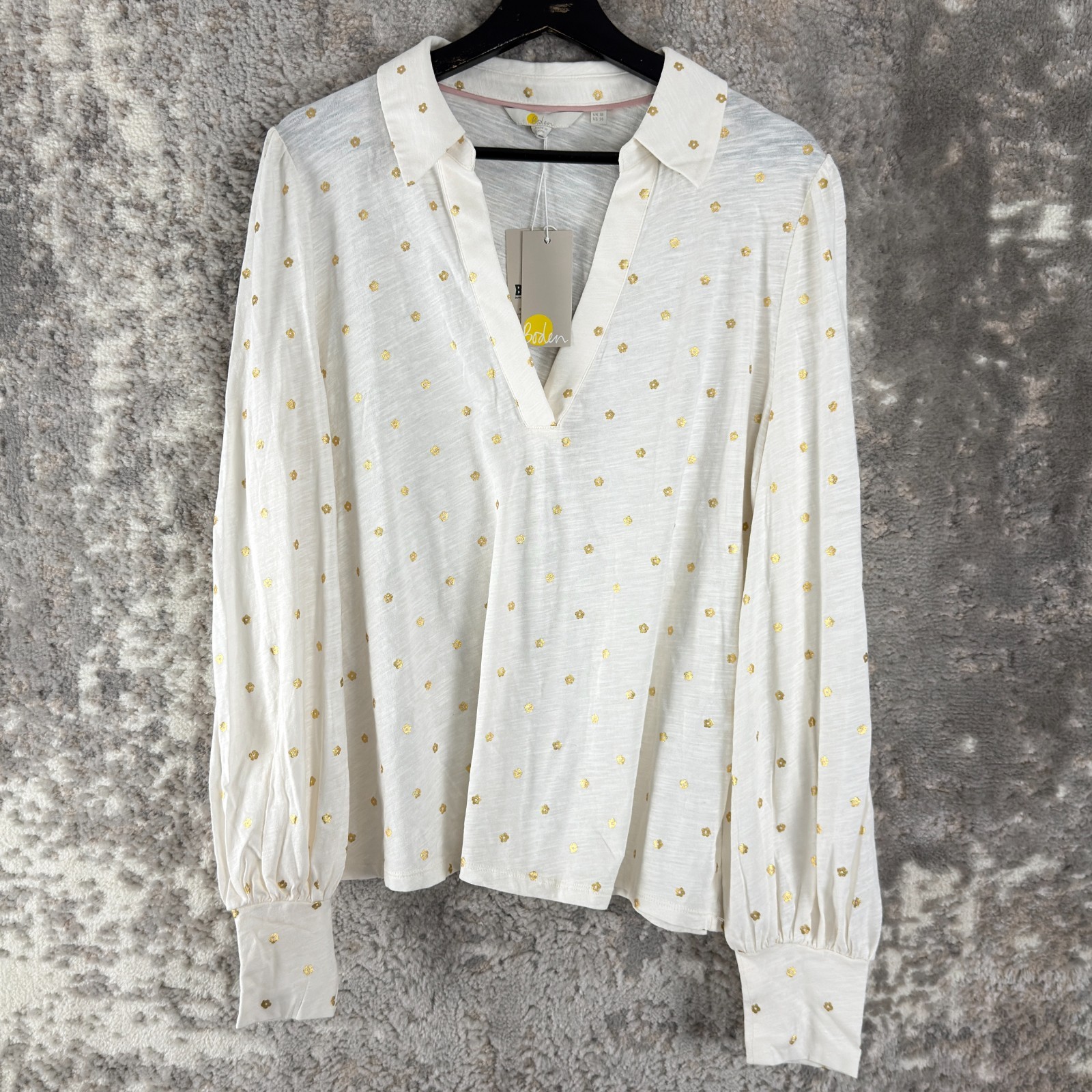 NEW Boden Size 14 Floral Polka Dot V Neck Top Ivory Long Sleeve Pullover NWT