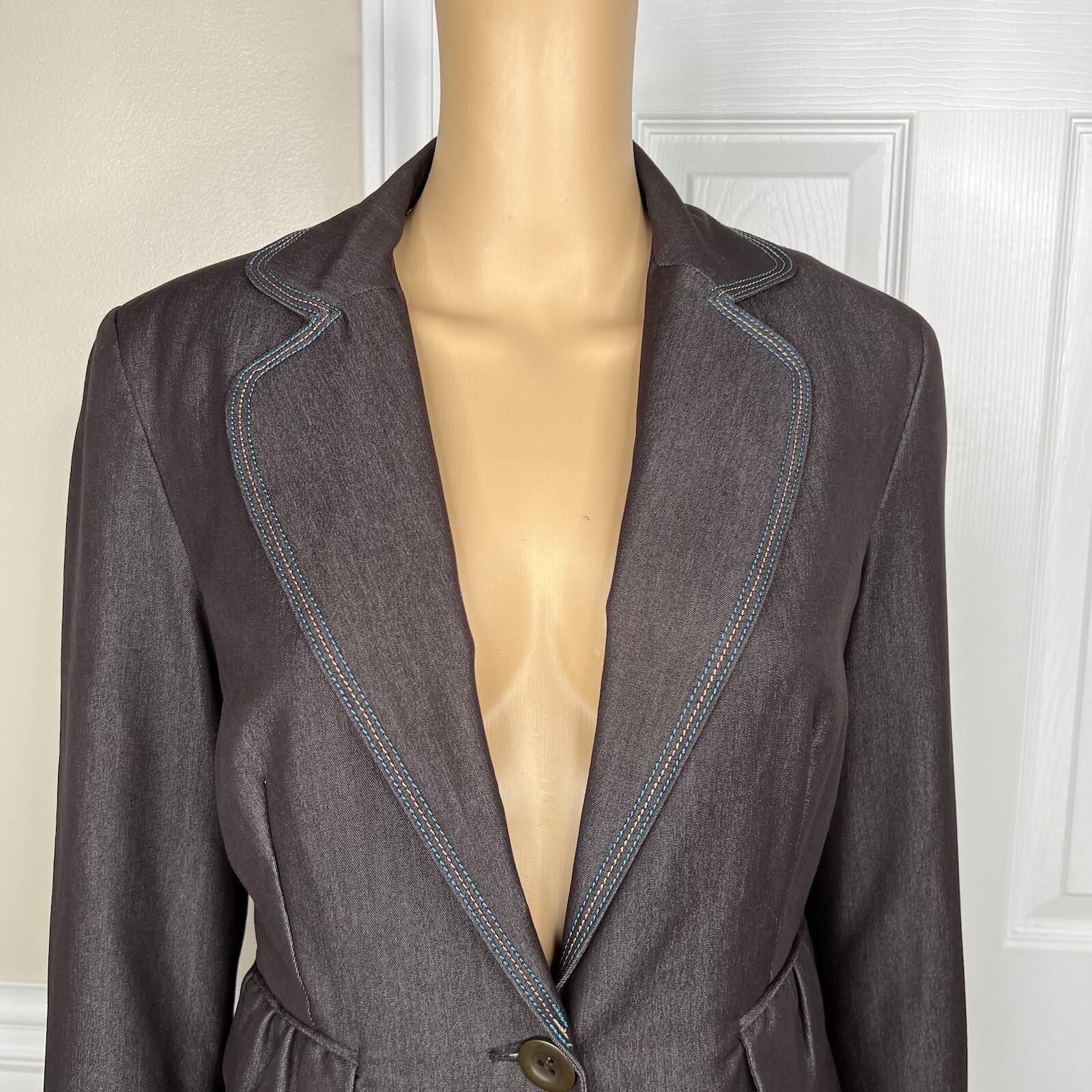 Sharagano Polyester Rayon Stretch Pant Suit 8 Brown Chambray Notch Collar 2PC