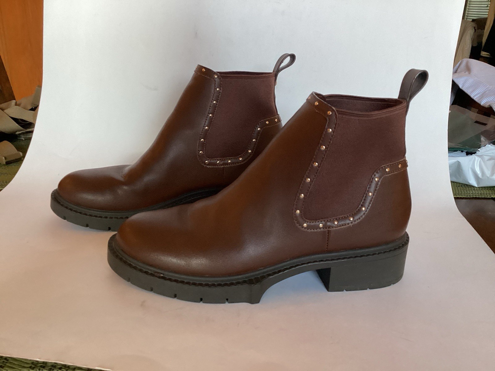 Coach Lory Leather Brown Studded Chunky Ankle Boots WORN ONCE Retail $250 Size 7