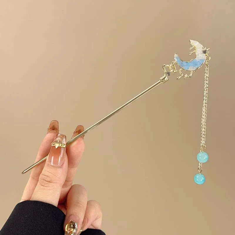 Exquisite Blue Crystal Star Moon Hair Stick for Women Girls Chinese Style Fl