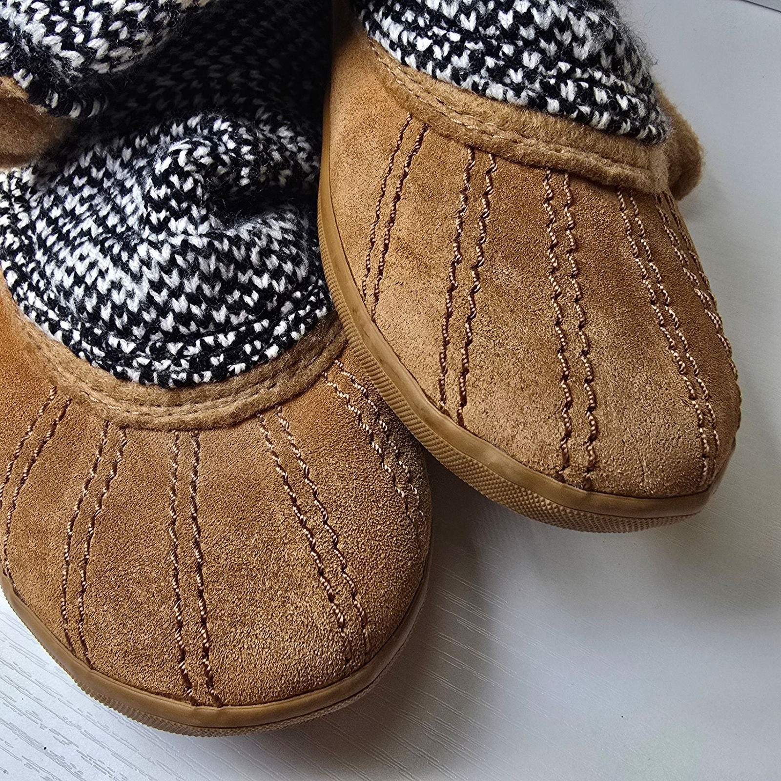Sorel Tremblant Black/White Knit & Brown Suede Pull-On Slouch Boots