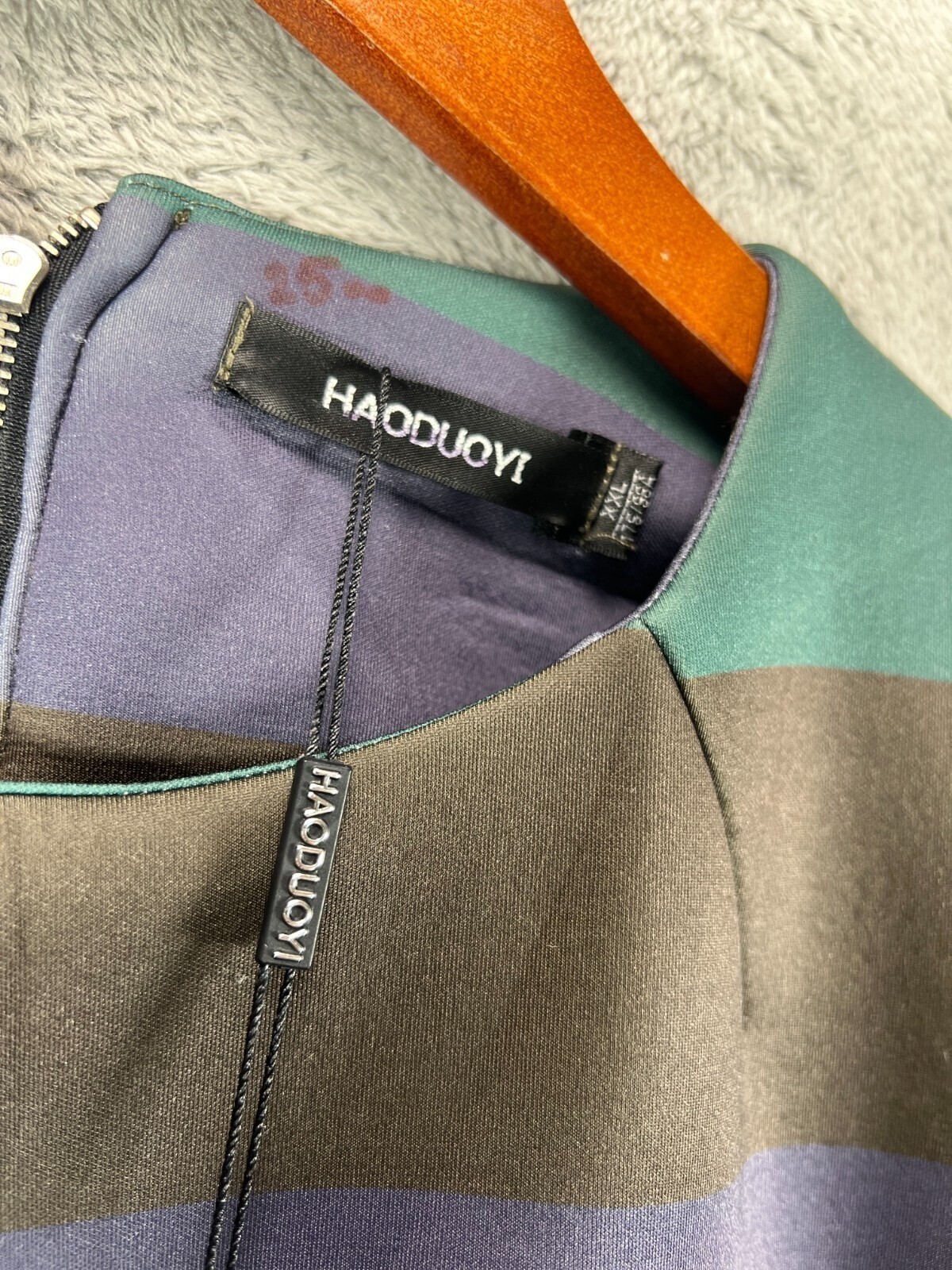 HAODUOYI Juniors 2XL Dress Green Stripe A Line Flare Open Back Long Sleeve NWT