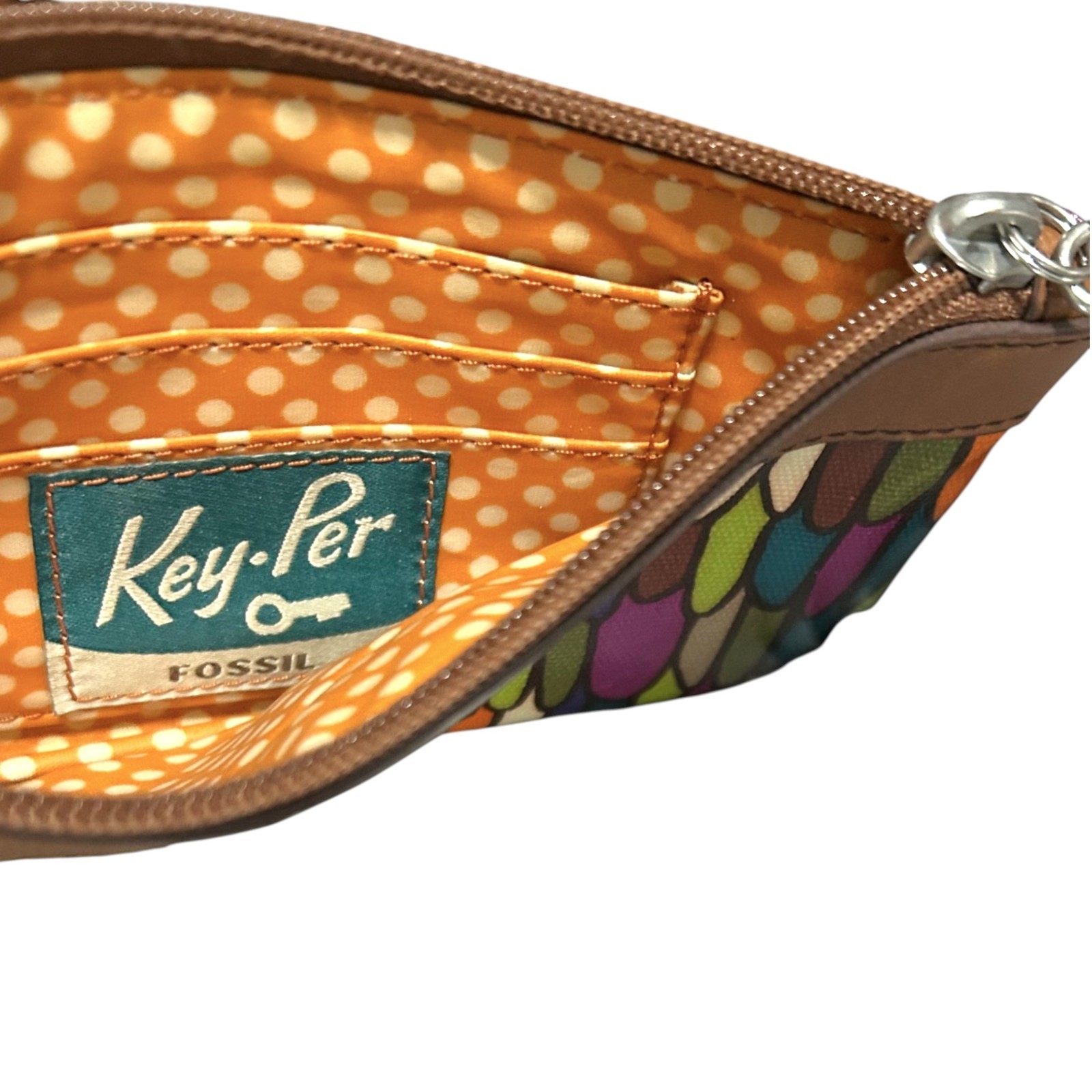 Fossil Key-Per Corner Zip Wristlet Wallet Multi Color Coated Canvas Leather Trim