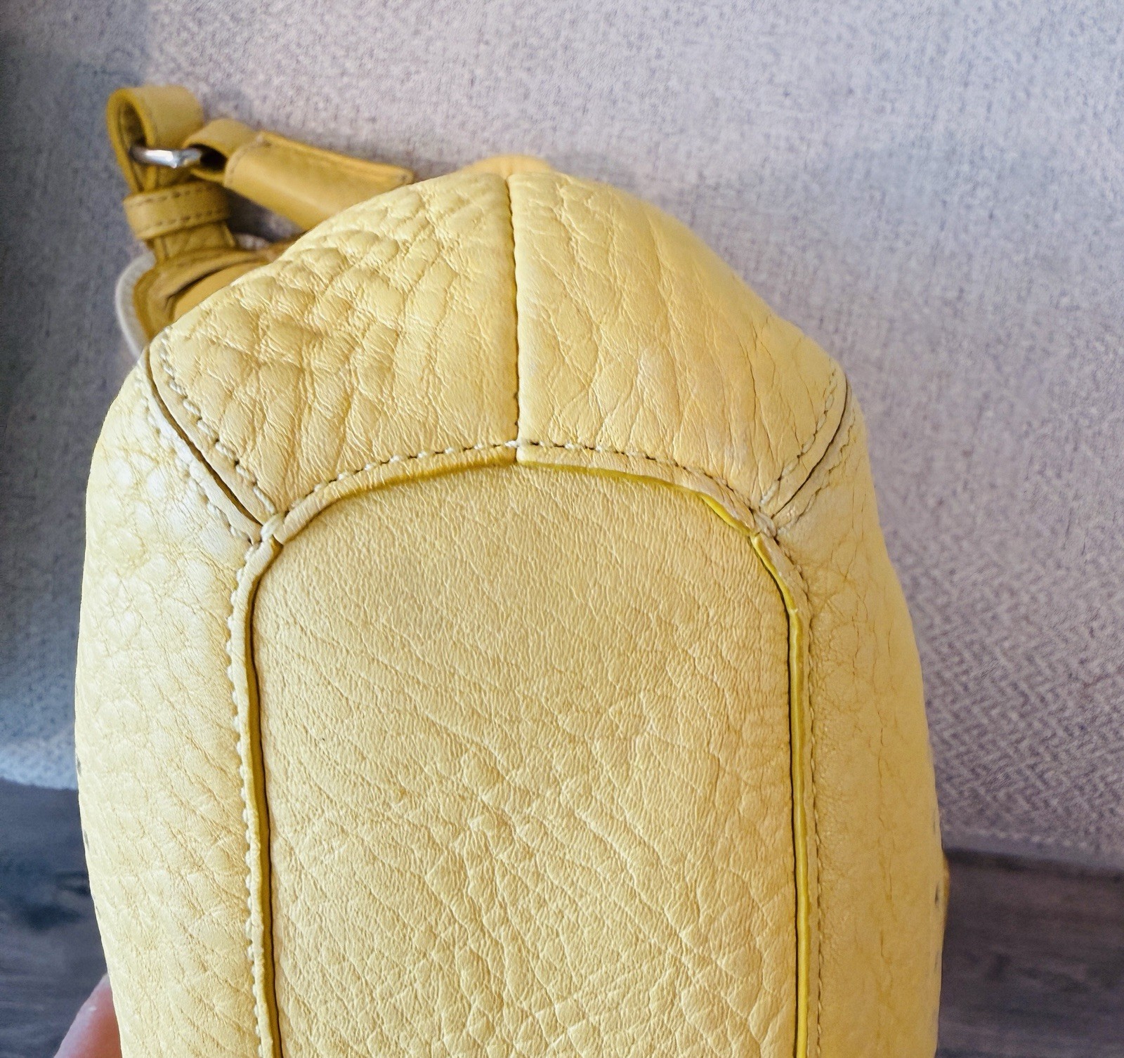 Coach Yellow Pebbled Shoulder Bag Zip Top, Silver Hardware, Buckle Accent