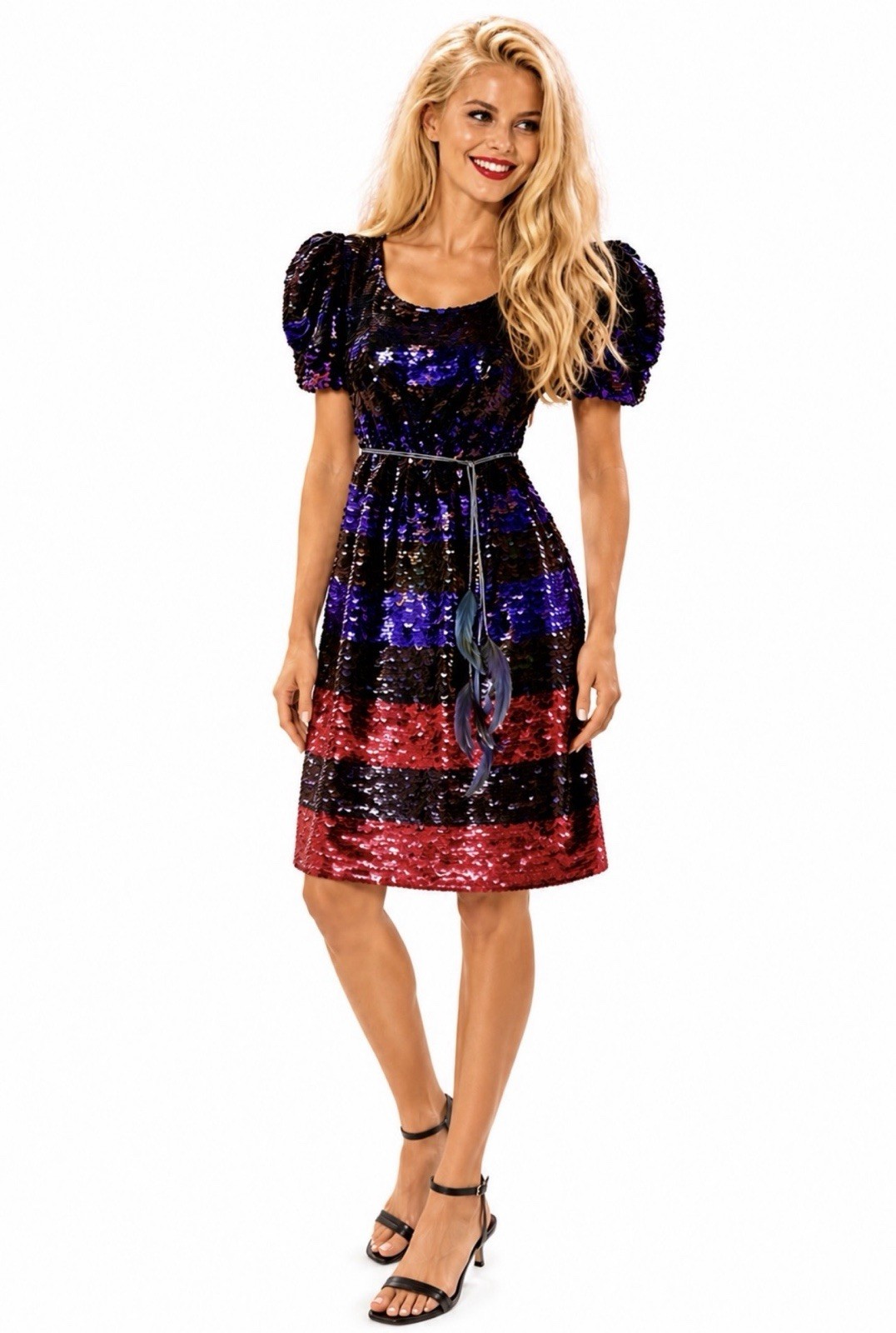 11K Louis Vuitton Red Sequin Stripe Party Dress Feather Belt Set 36 38 4 6 S M