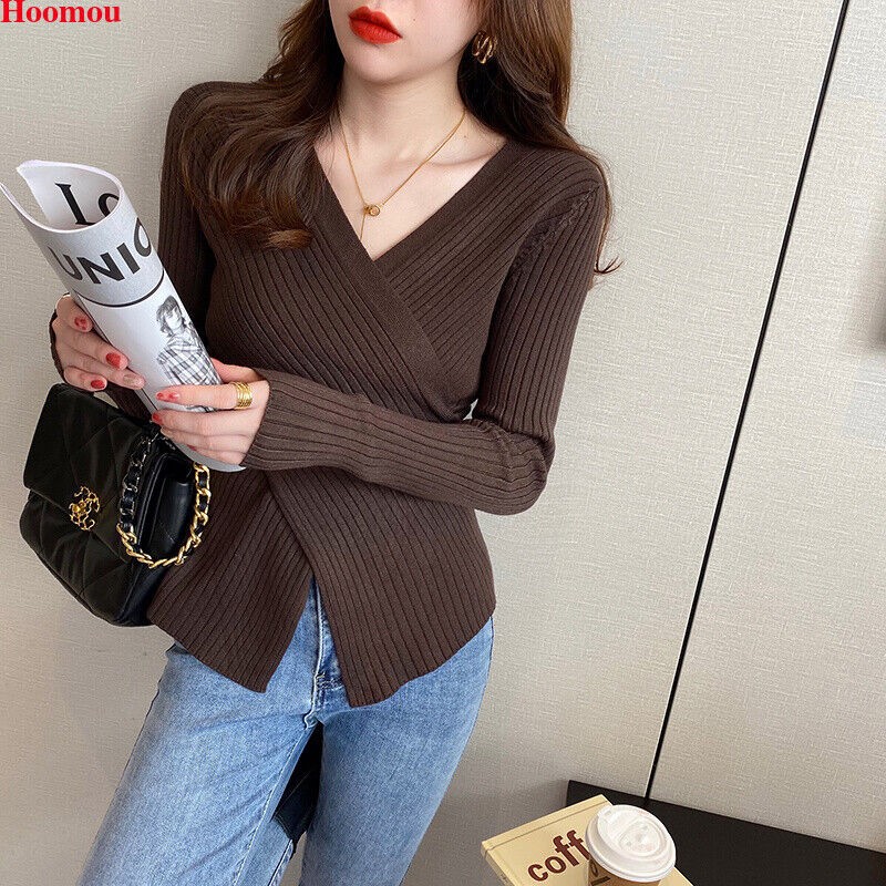 New Korean Womens Cross V-neck Asymmetric Slit Fall Winter Tops Tee Blouse