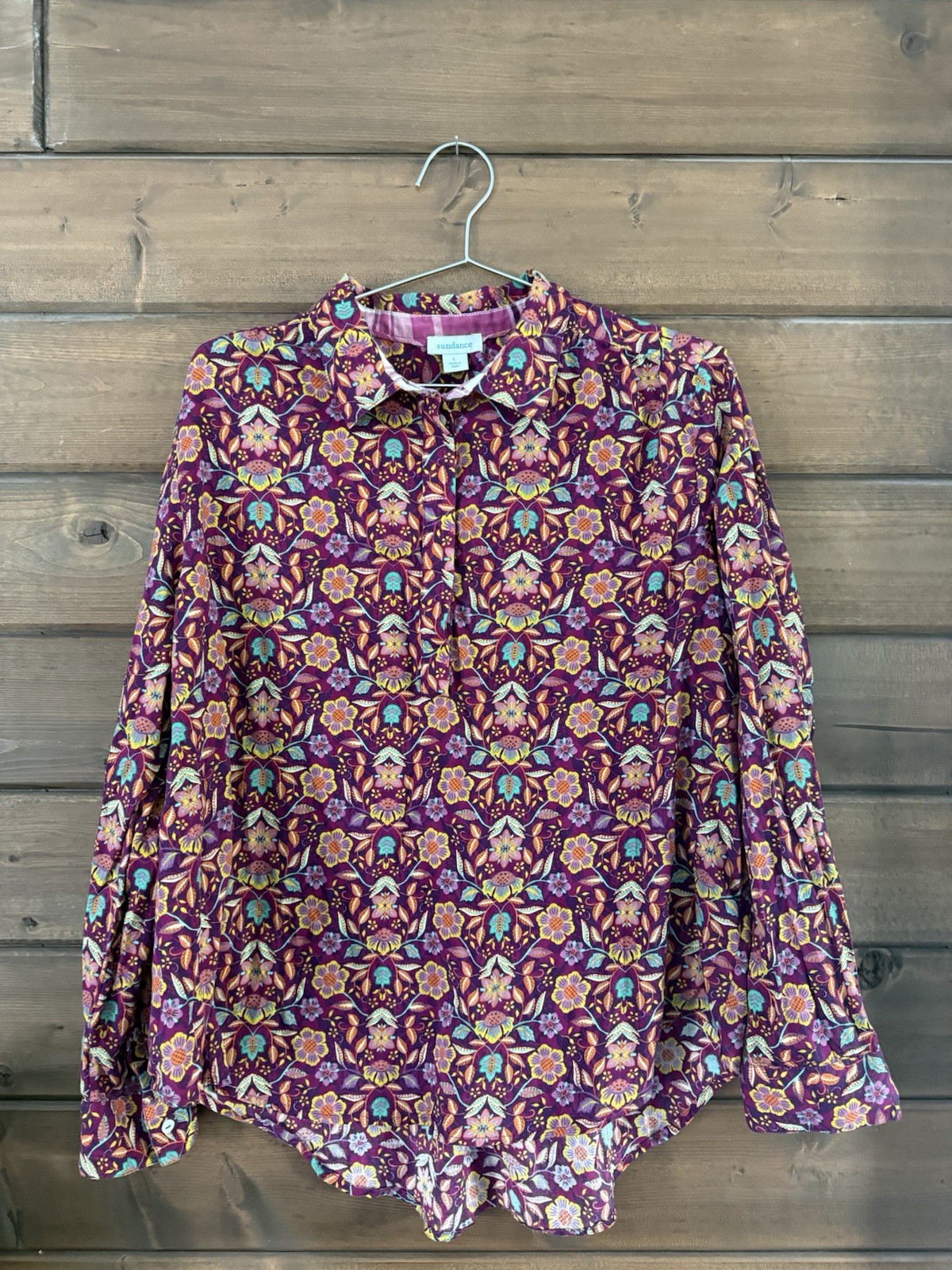 Sundance Women’s 1/2 Button Popover Floral Sz Large Pink Long Sleeve Collar