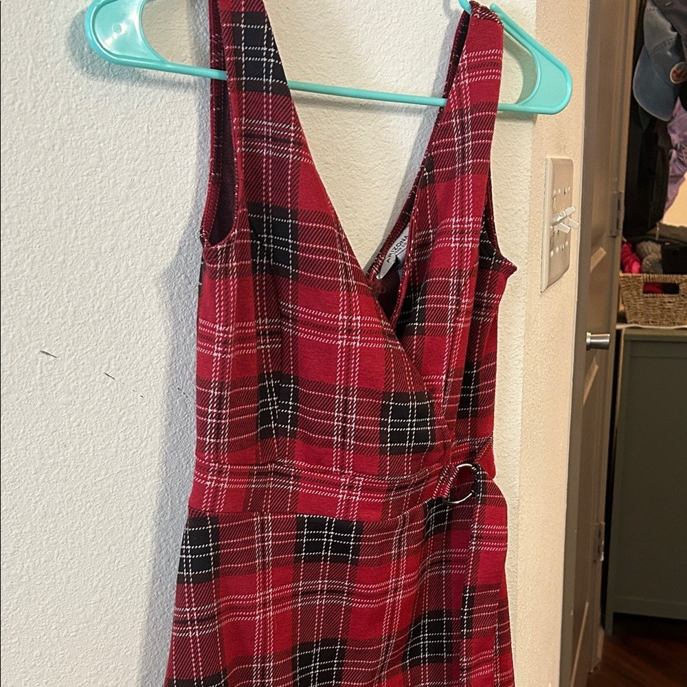 Arizona Jean Company Red Plaid V-Neck Mini Dress
