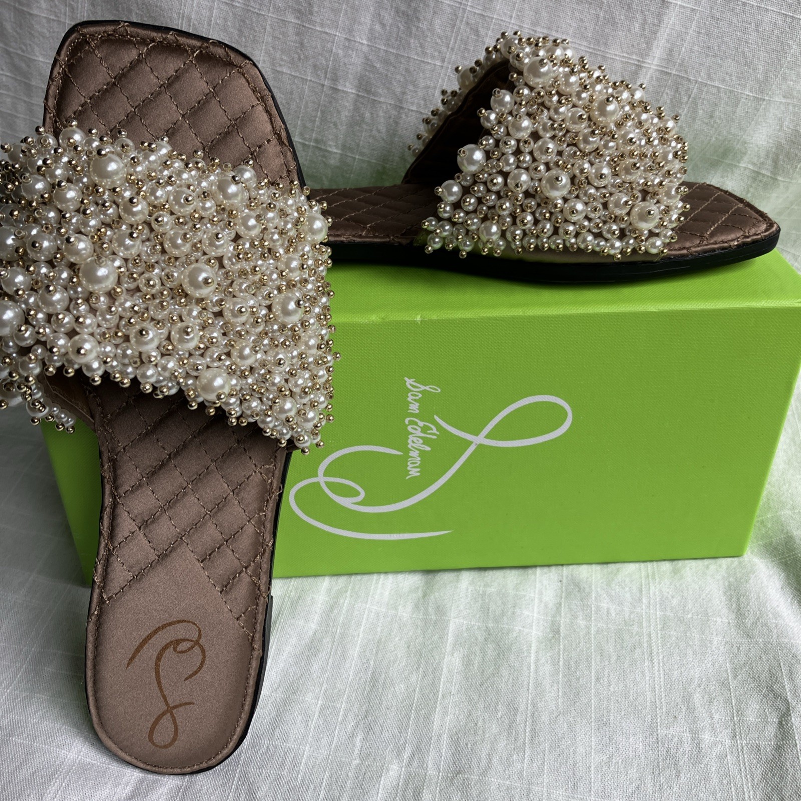 Sam Edelman Toffee Pearl Embellished Quilted Elijah Slide Sandals Size 8 gold