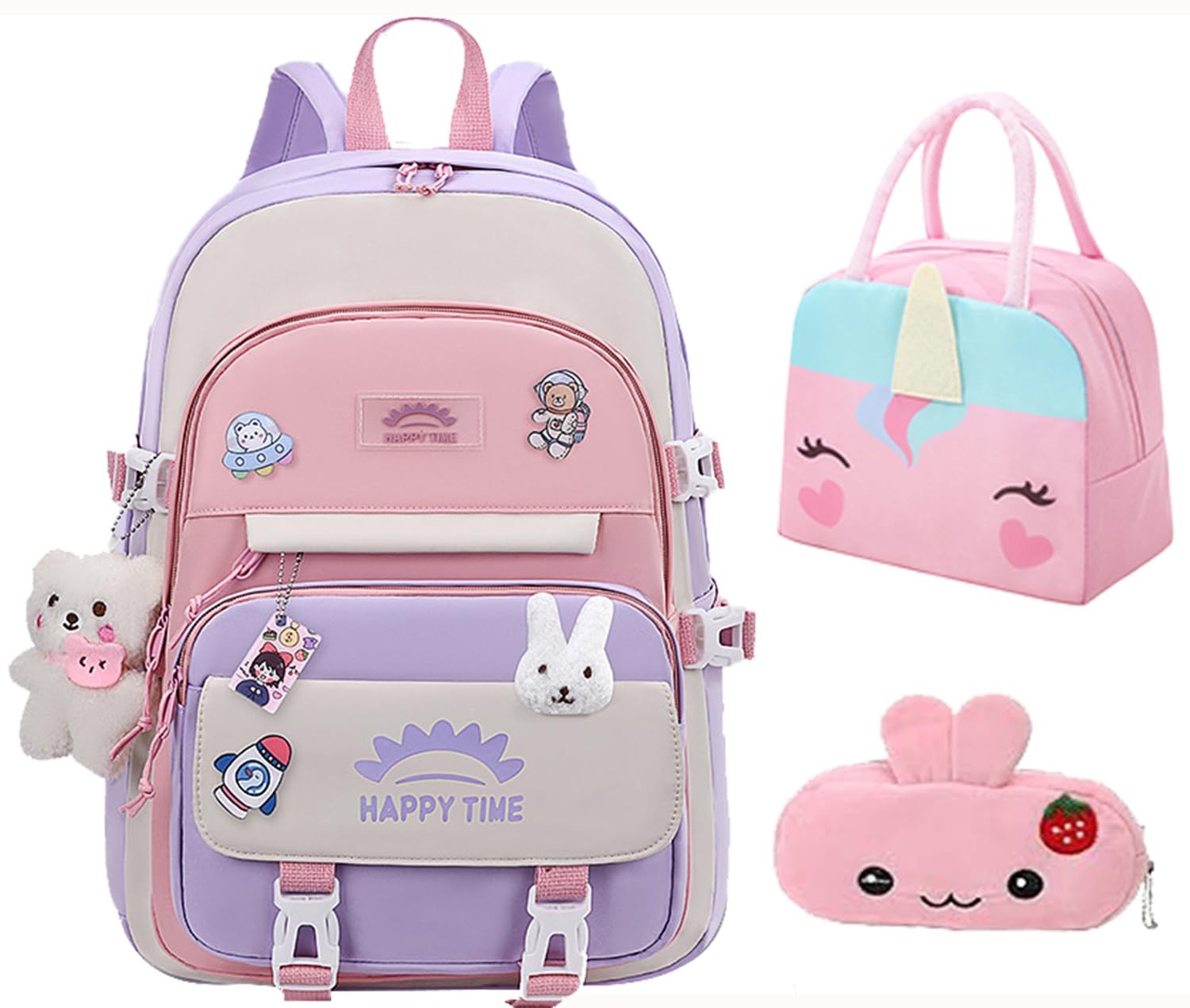 Girls Backpack M (17.7×11.8×7.9in) Kawaii School Bag with Lunch & Pencil Case