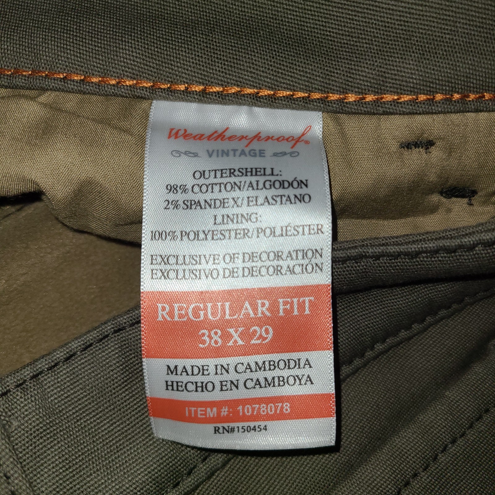 Weatherproof Vintage Fleece Lined Pants Stretch Olive Green Mens Size 38×29