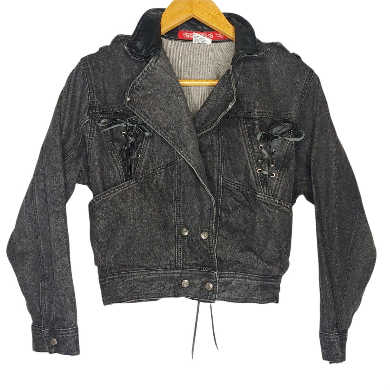 Vintage 1980s Paris Express Denim Jacket Small Snap V Neck Retro Lace Up Crop