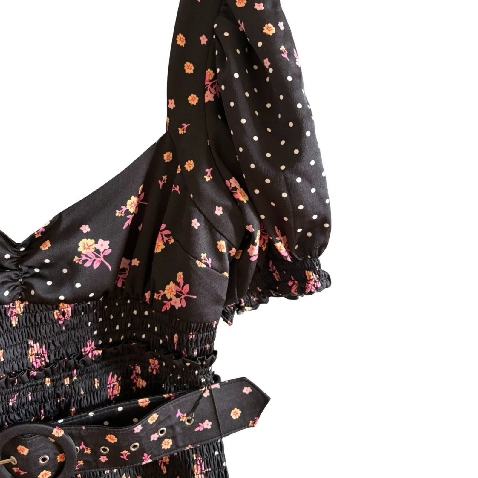 For Love and Lemons Camellia Smocked Belted Mini Dress Black Floral NWOT Sz L