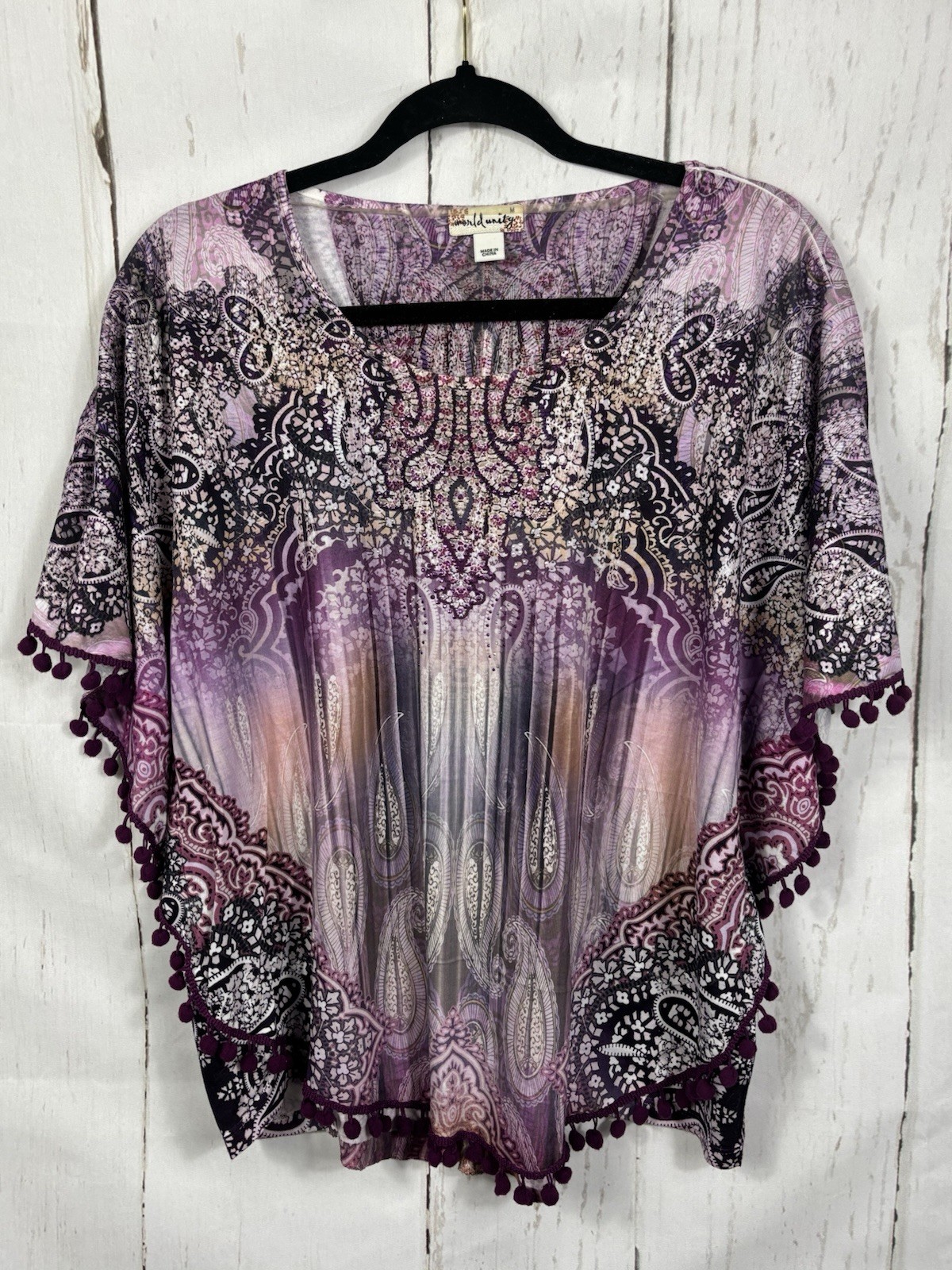World Unity Pom Pom Purple Blouse Top Rhinestones Batwing Sleeve Sz M