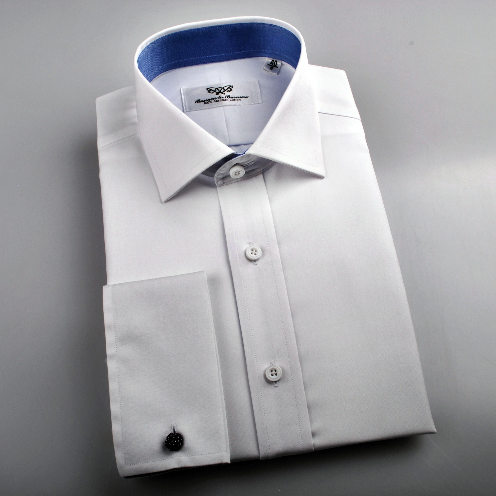 White Poplin Egyptian Cotton Profesional Formal Business Dress Shirt Blue Lining