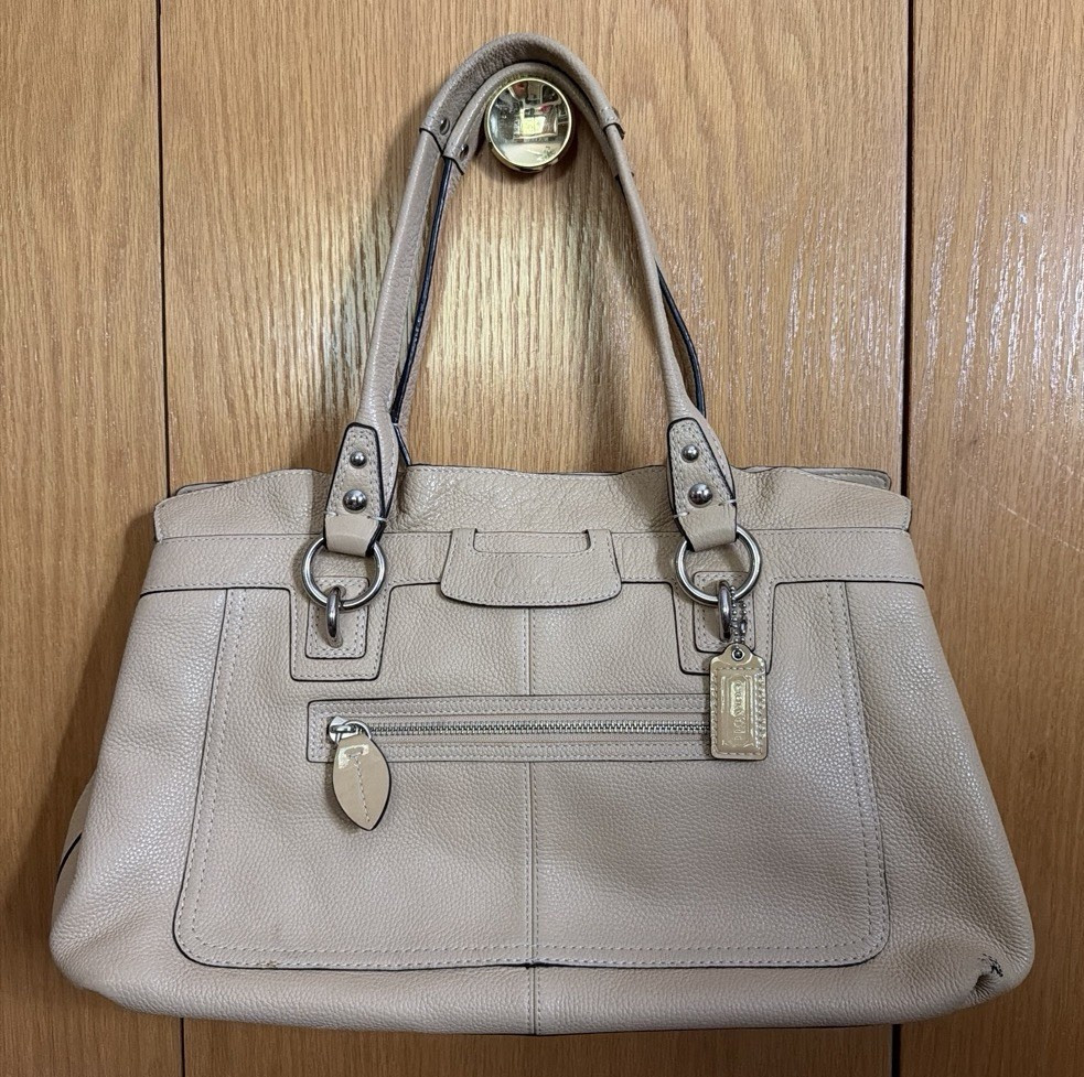 Coach Beige Pebbled Madison Large Satchel Double Handles Zip/Snap Hang Tag