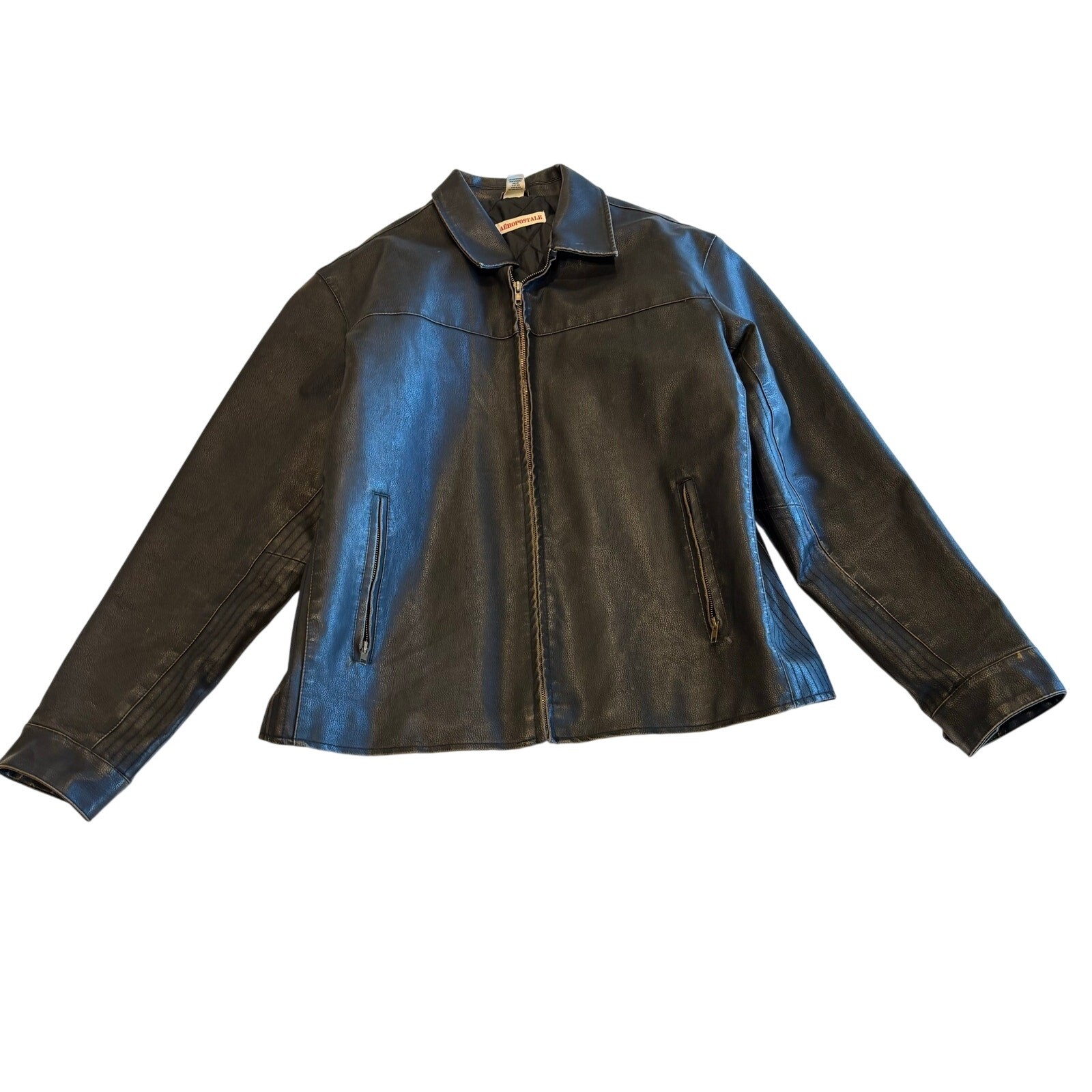 Aeropostale PU/PVC Faux Leather Jacket Mens Size L Dark Brown Full Zip Biker