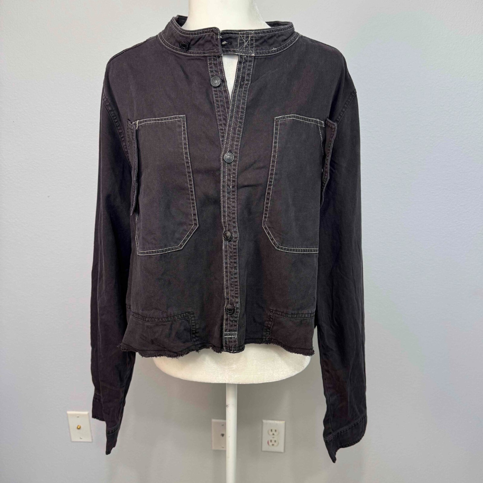 Free People We The Free Cropped Moto Bomber Shirt Relaxed Fit Washed Black Sz XL