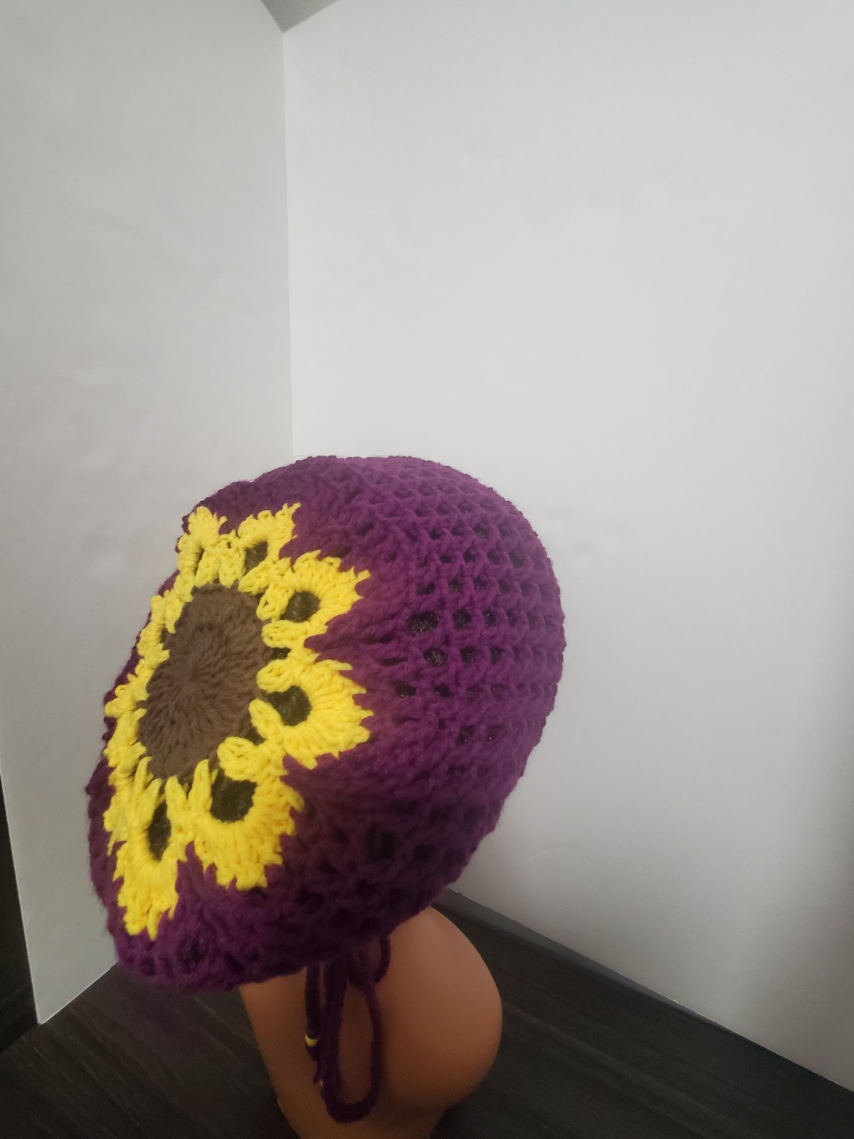 Crochet Flower Tam Slouch Hat With Drawstring Handmade One Size Dreadlock Beanie